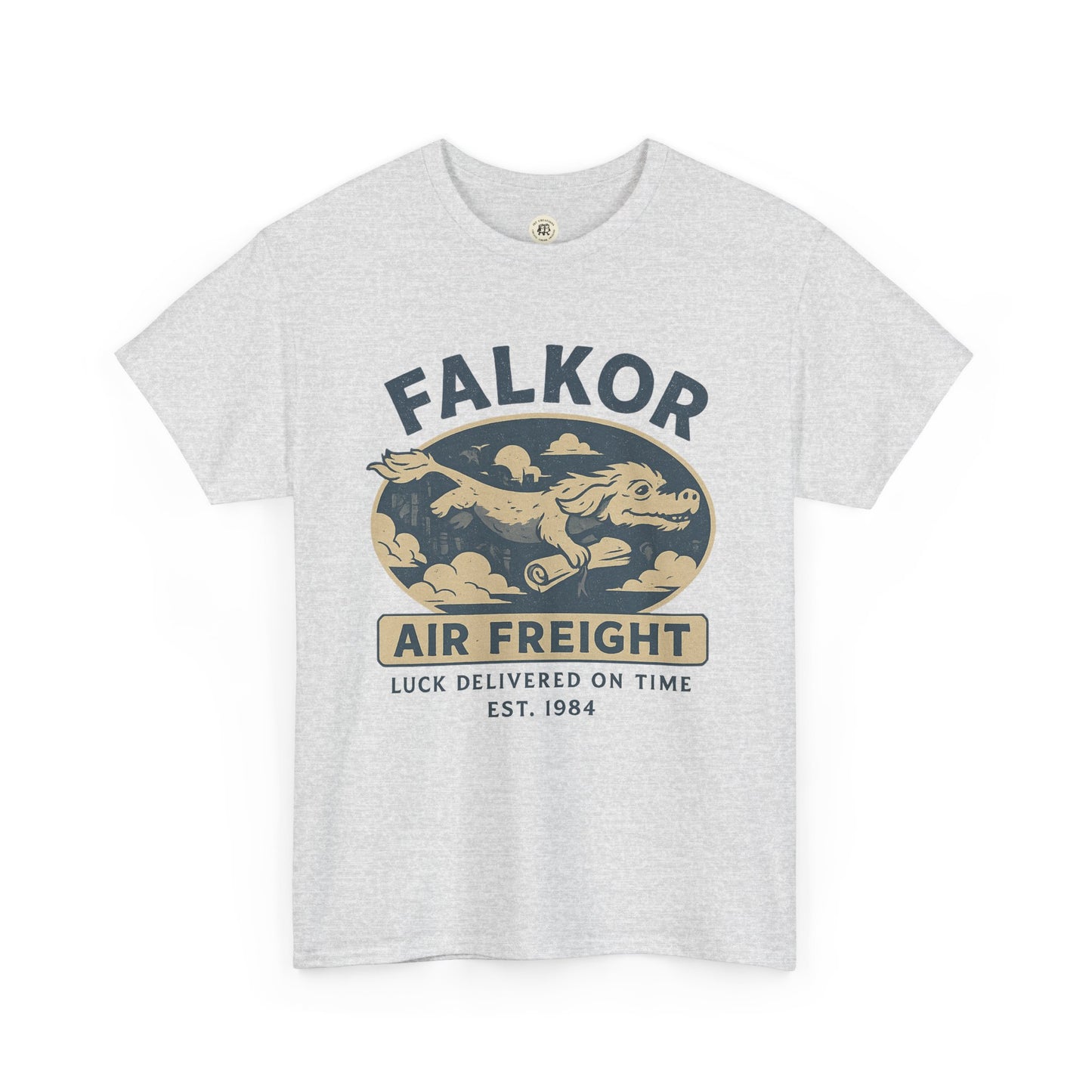 Printify Falkor Neverending Story t-shirt with vintage air freight graphic on light gray fabric