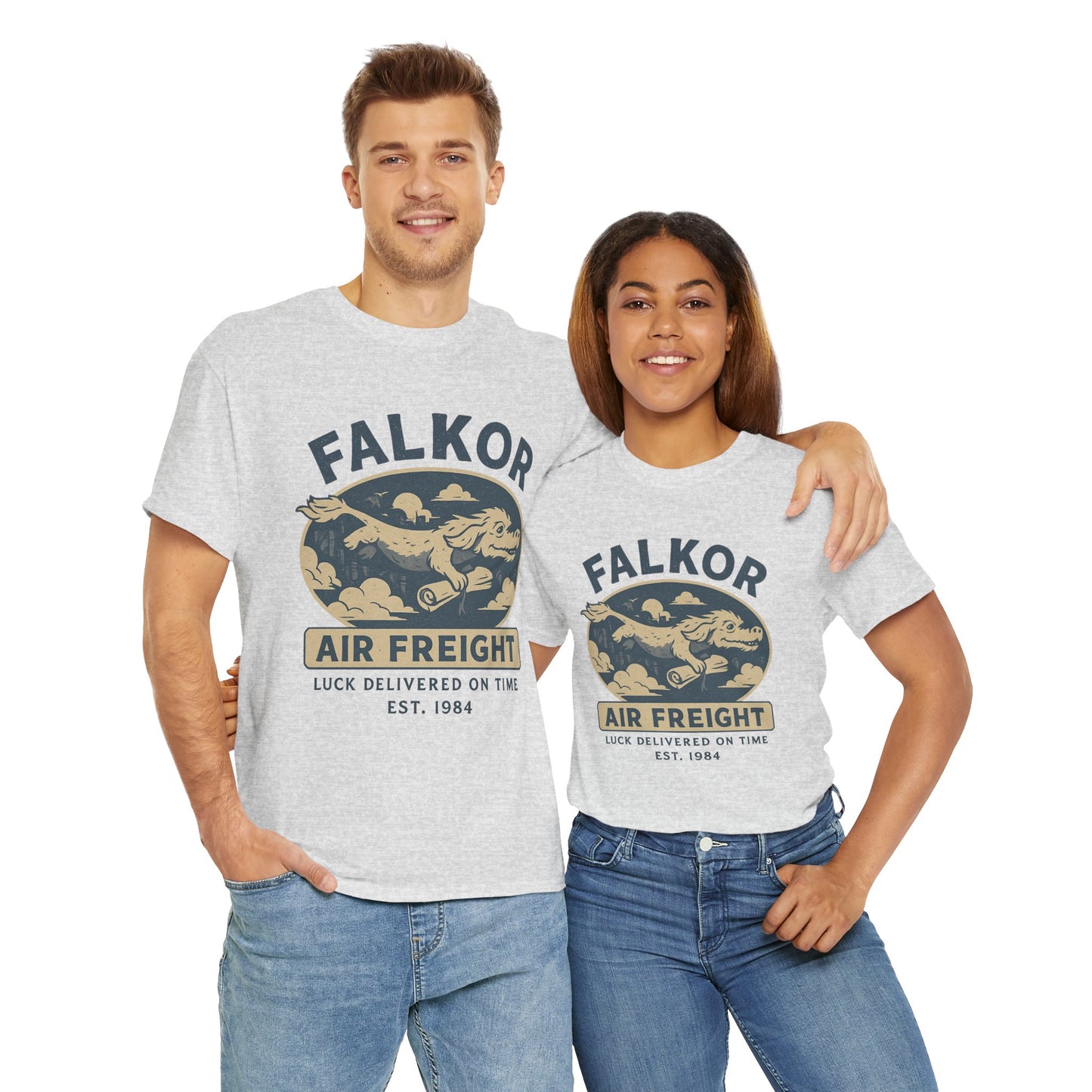 Printify Falkor Neverending Story t-shirt in light grey worn by male and female models with air freight graphic design