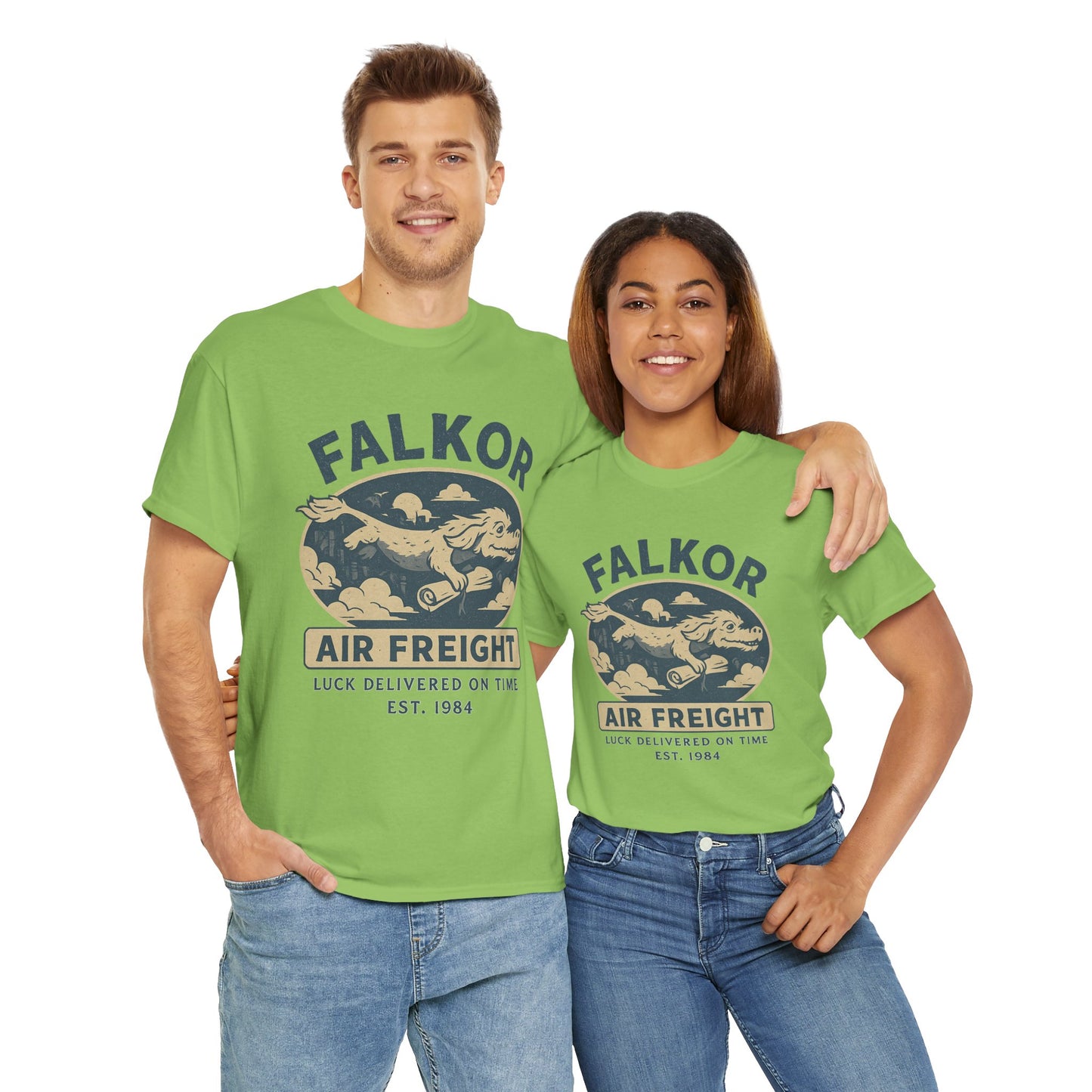 Couple wearing green Falkor Neverending Story t-shirt with air freight graphic print
