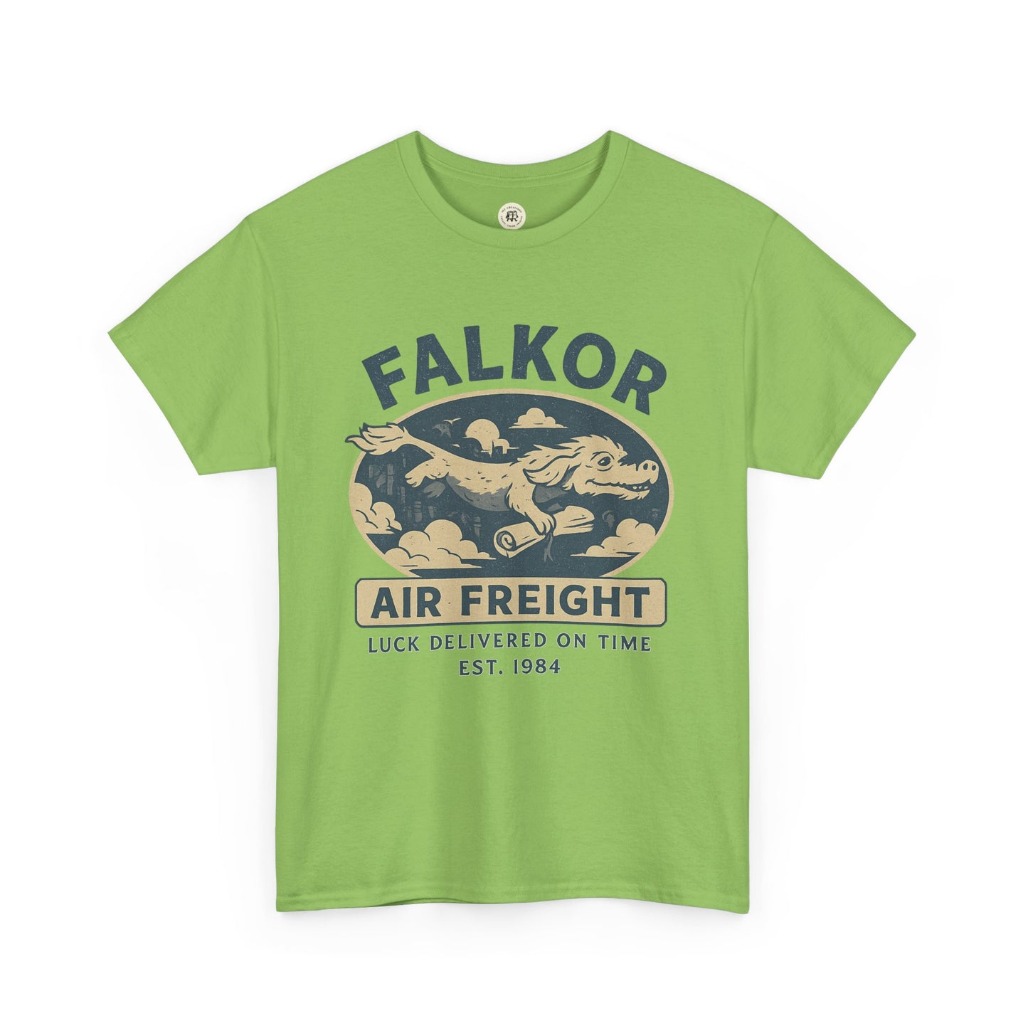 Green Falkor Neverending Story t-shirt with flying dragon graphic and air freight design
