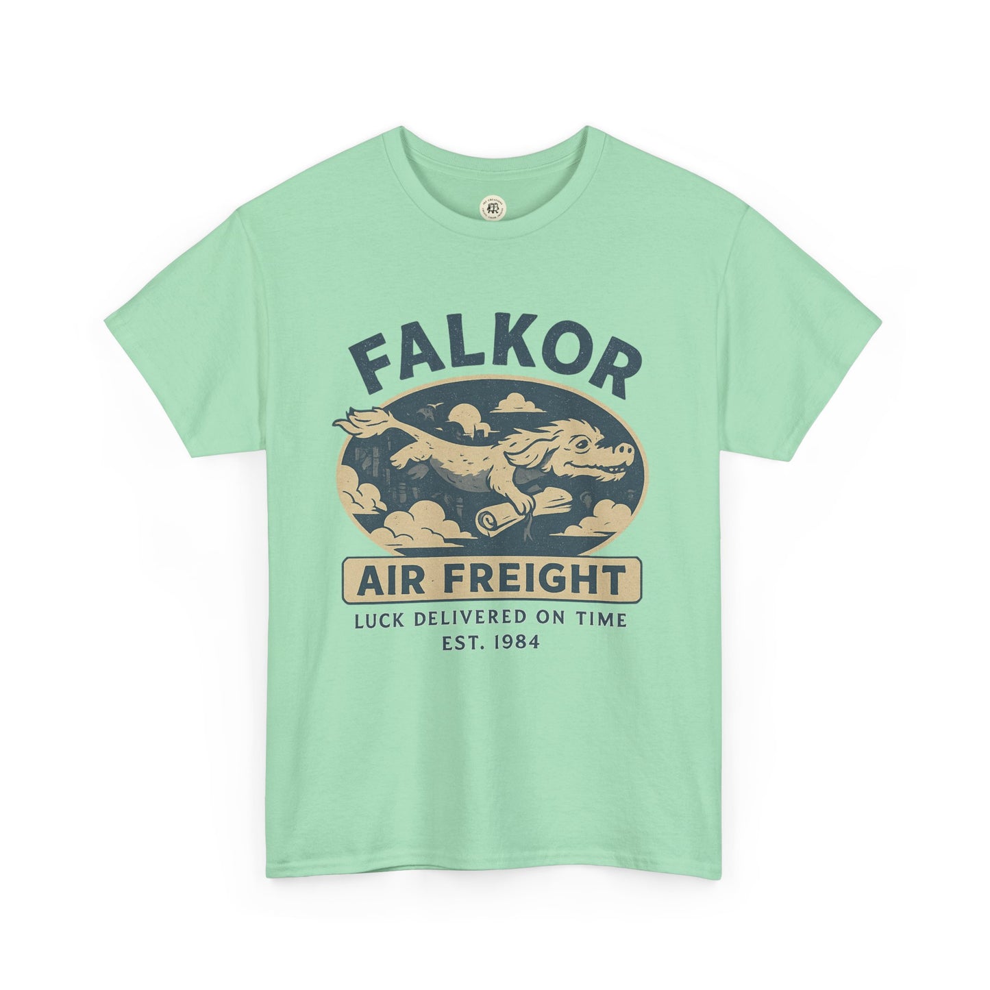 Mint green Falkor Neverending Story t-shirt with vintage air freight graphic by Printify