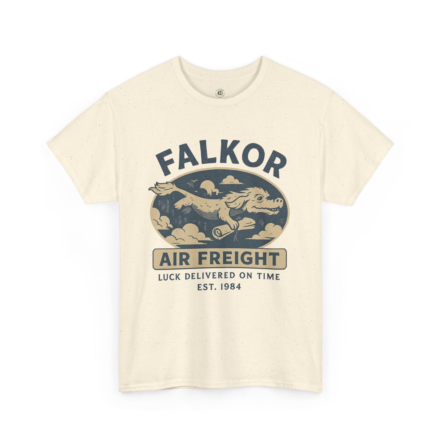 Printify Falkor Neverending Story t-shirt with vintage air freight design on beige fabric