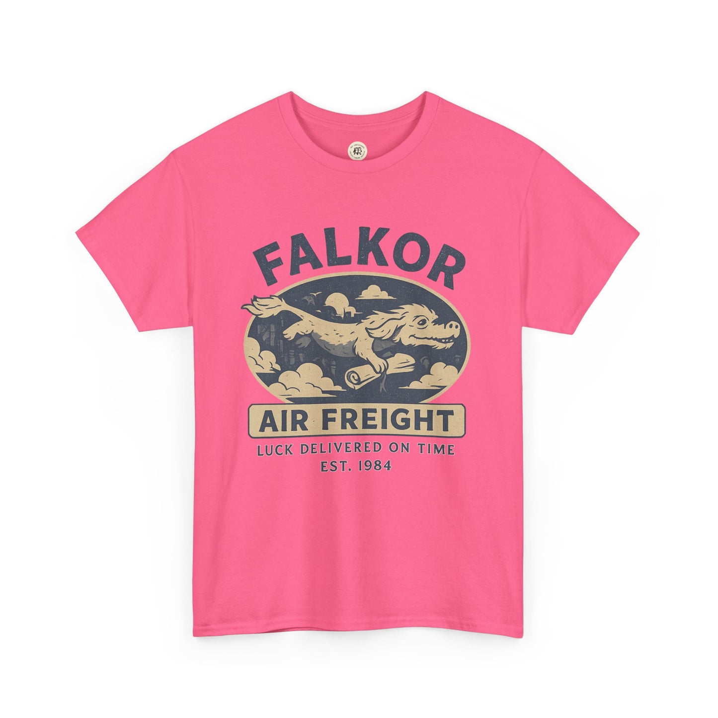 Pink Falkor Neverending Story t-shirt with vintage air freight dragon graphic and text design
