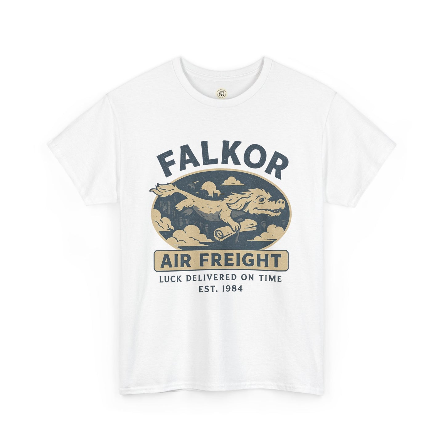 Printify white Falkor Neverending Story t-shirt featuring flying dragon air freight graphic
