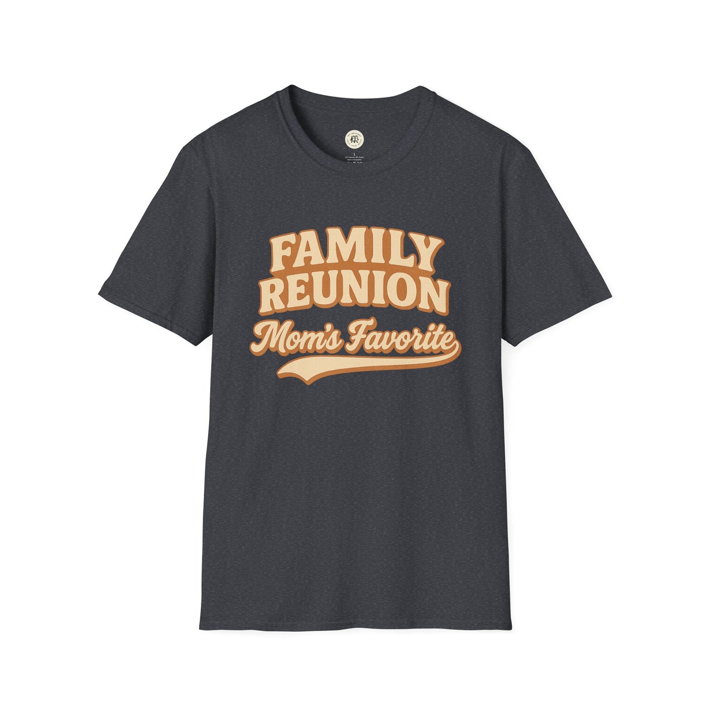 Black family reunion t-shirt with beige text reading Family Reunion Moms Favorite from Printify