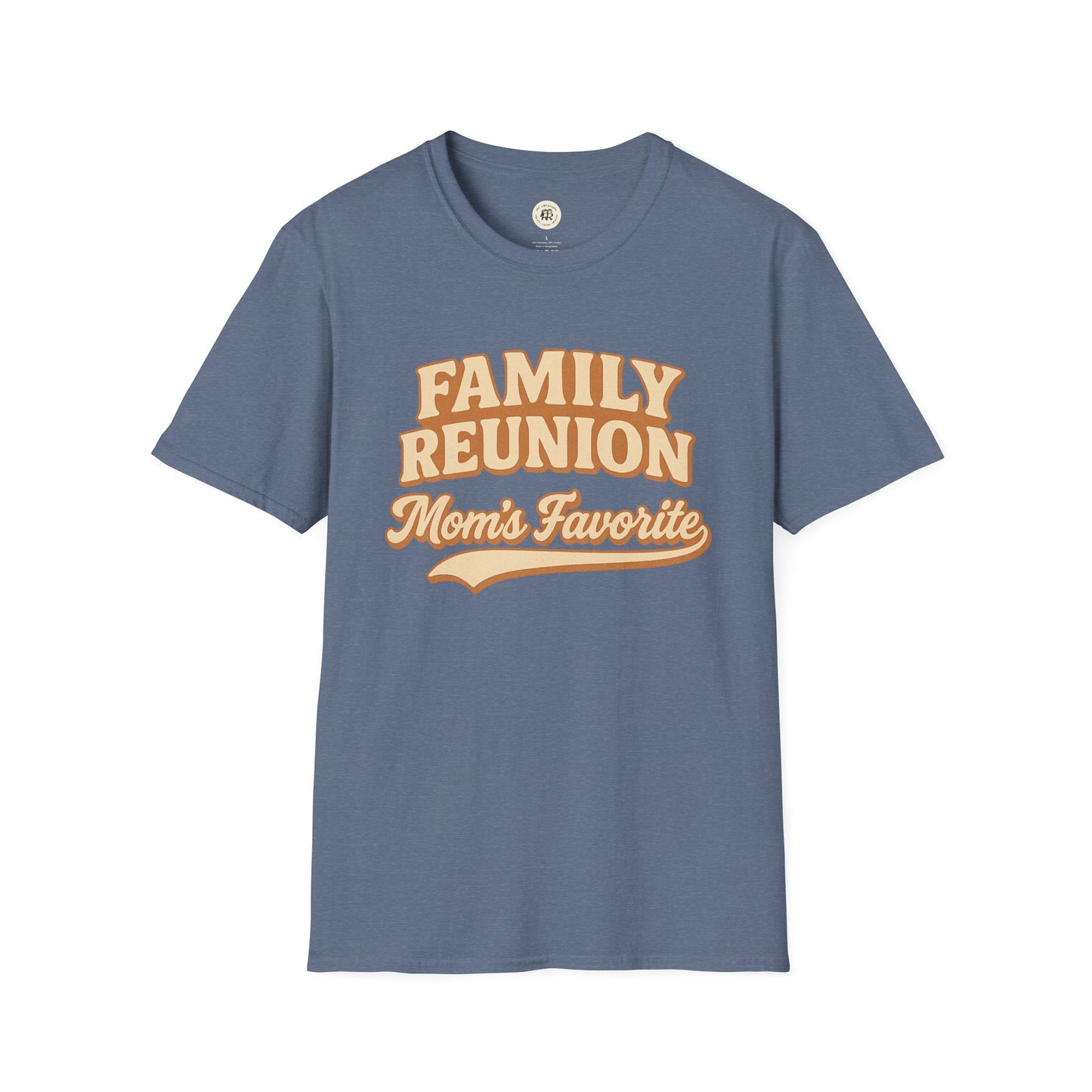 Blue Printify family reunion t-shirt with Mom's Favorite text in vintage style