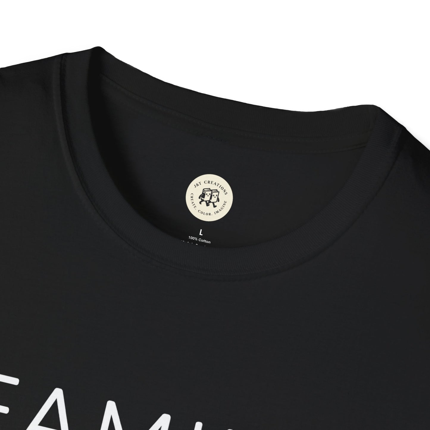 Close-up of black Printify family reunion t shirt with round neckline and visible tag