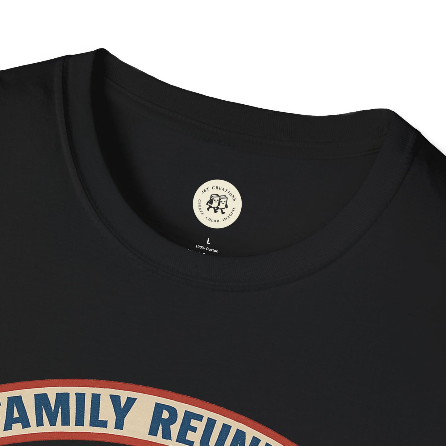 Black Printify T-shirt with family reunion t shirt design in blue and beige text on front