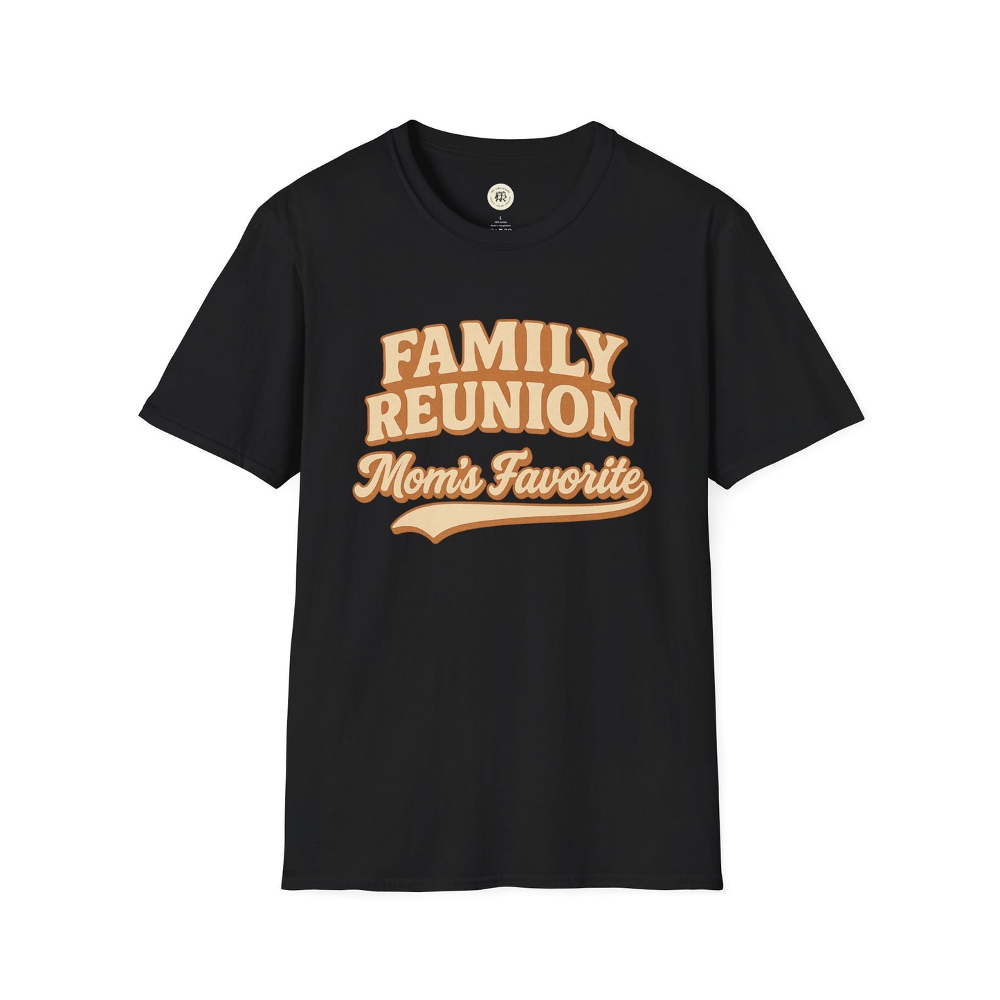 Black Printify family reunion t-shirt with Mom's Favorite text in vintage style