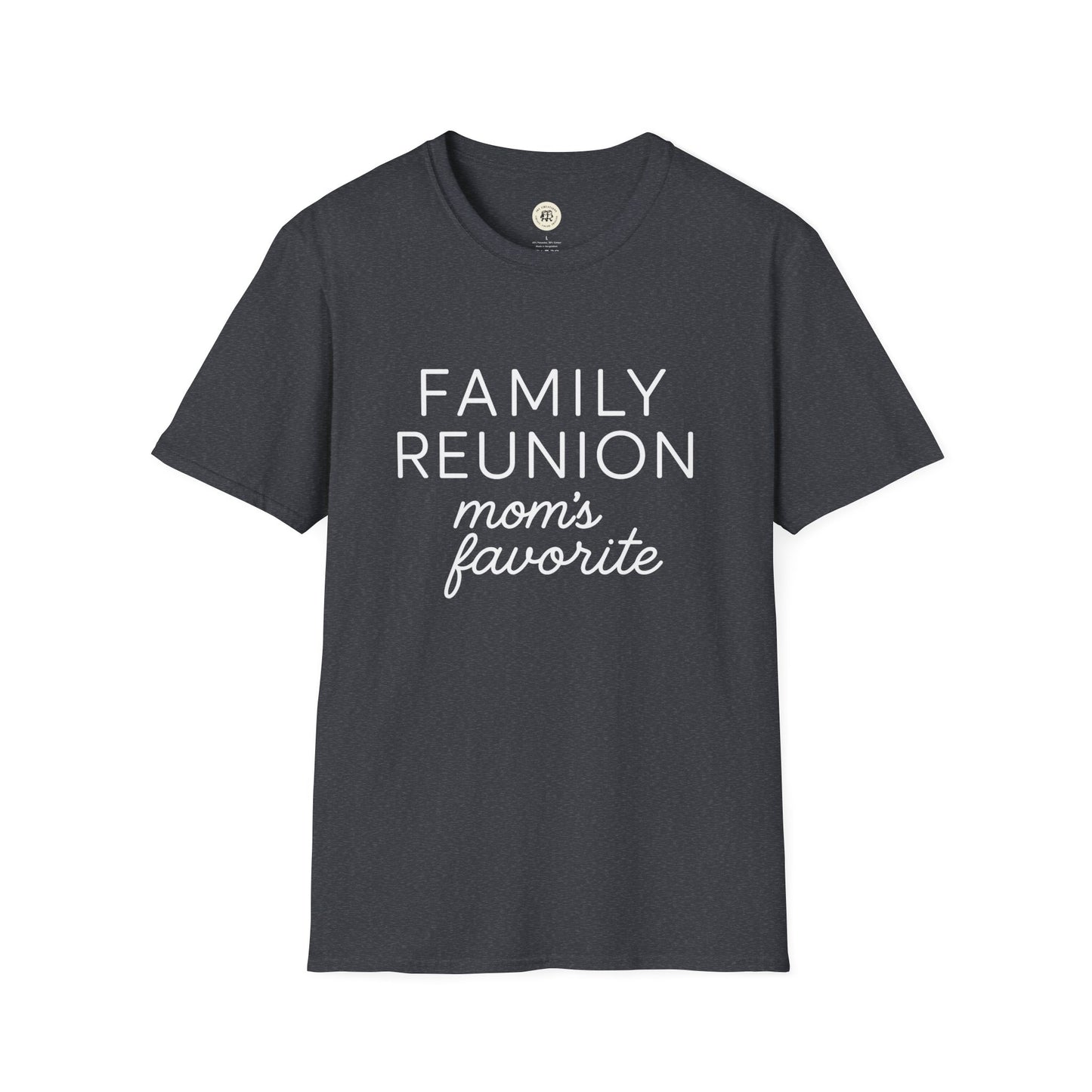Black family reunion t shirt with white text reading family reunion moms favorite from Printify