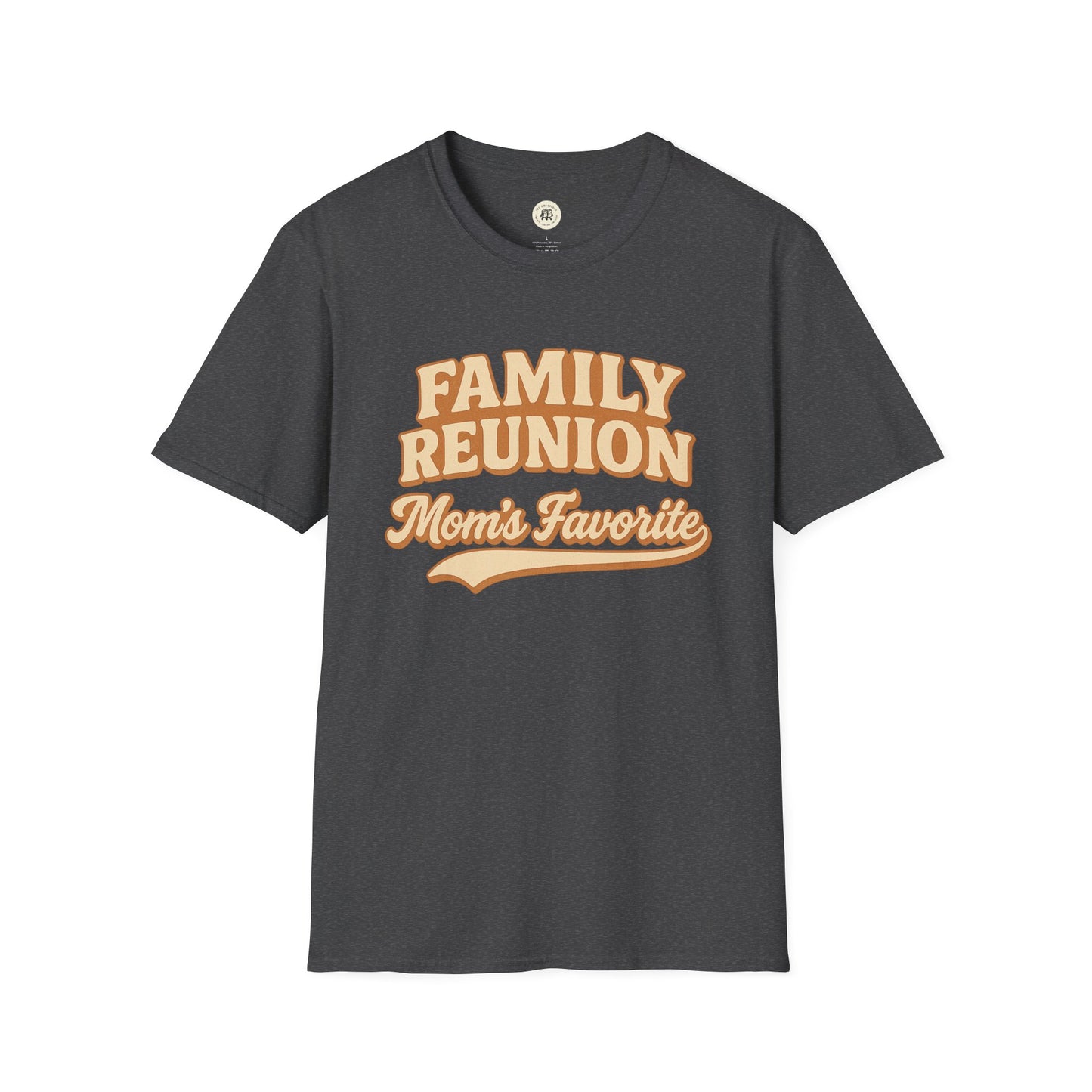 Printify family reunion t-shirt in dark gray with vintage style Mom's Favorite text