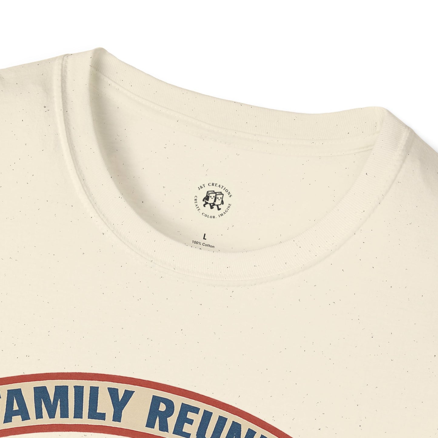 Close-up of cream Printify family reunion t shirt collar with blue and red print design