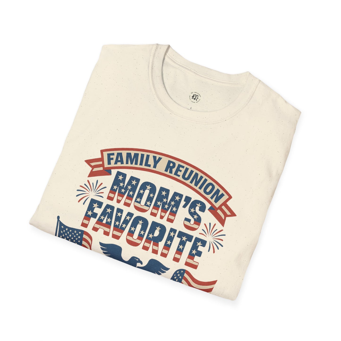 Printify cream colored family reunion t shirt with Mom's Favorite patriotic design