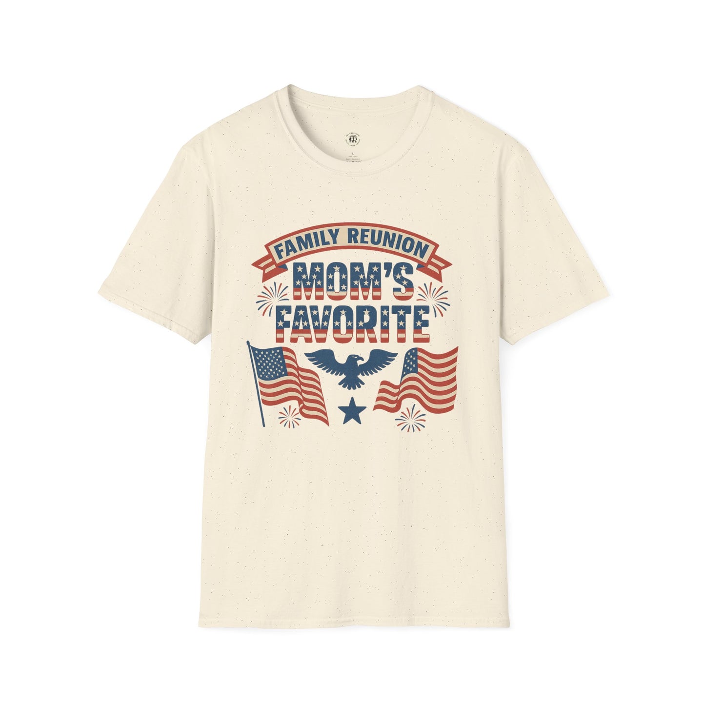 Printify family reunion t shirt with Mom's Favorite design featuring American flags and eagle
