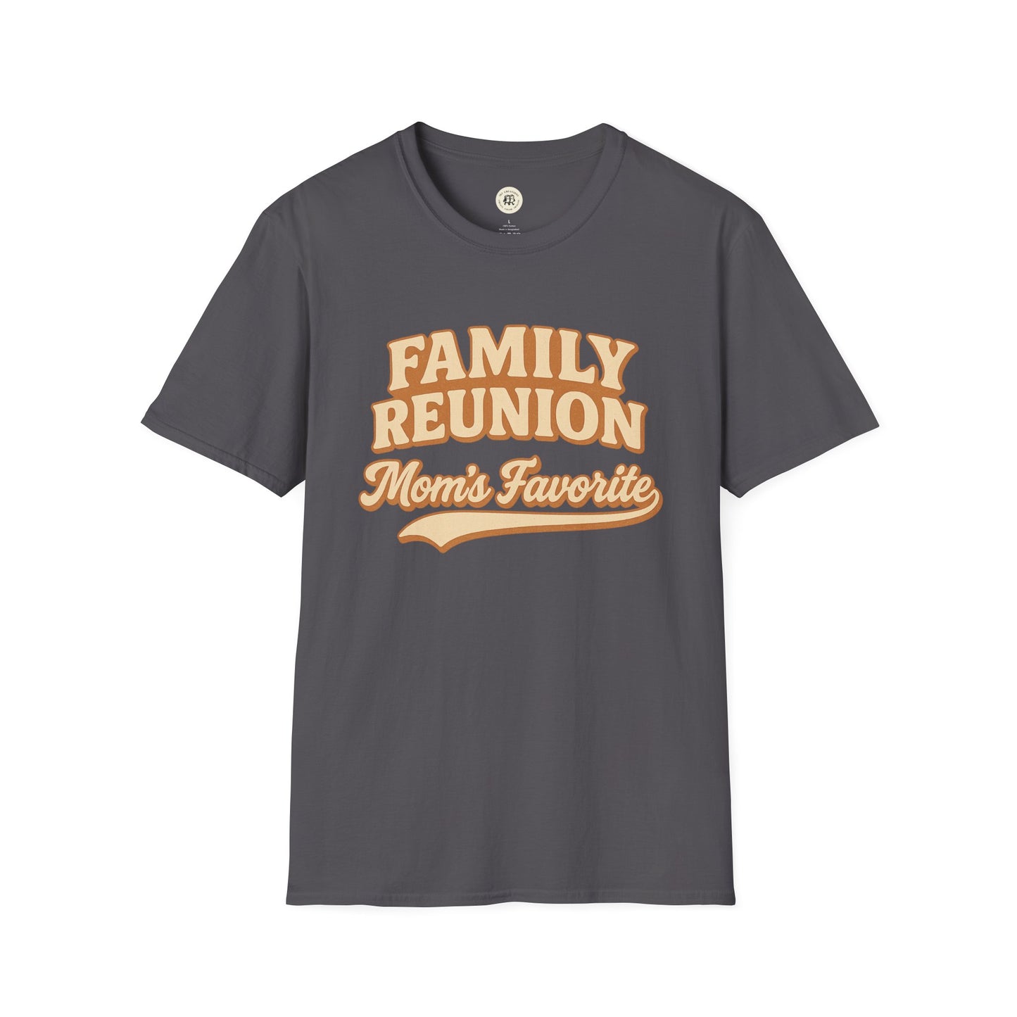 Printify gray family reunion t-shirt with Mom's Favorite text in beige vintage style