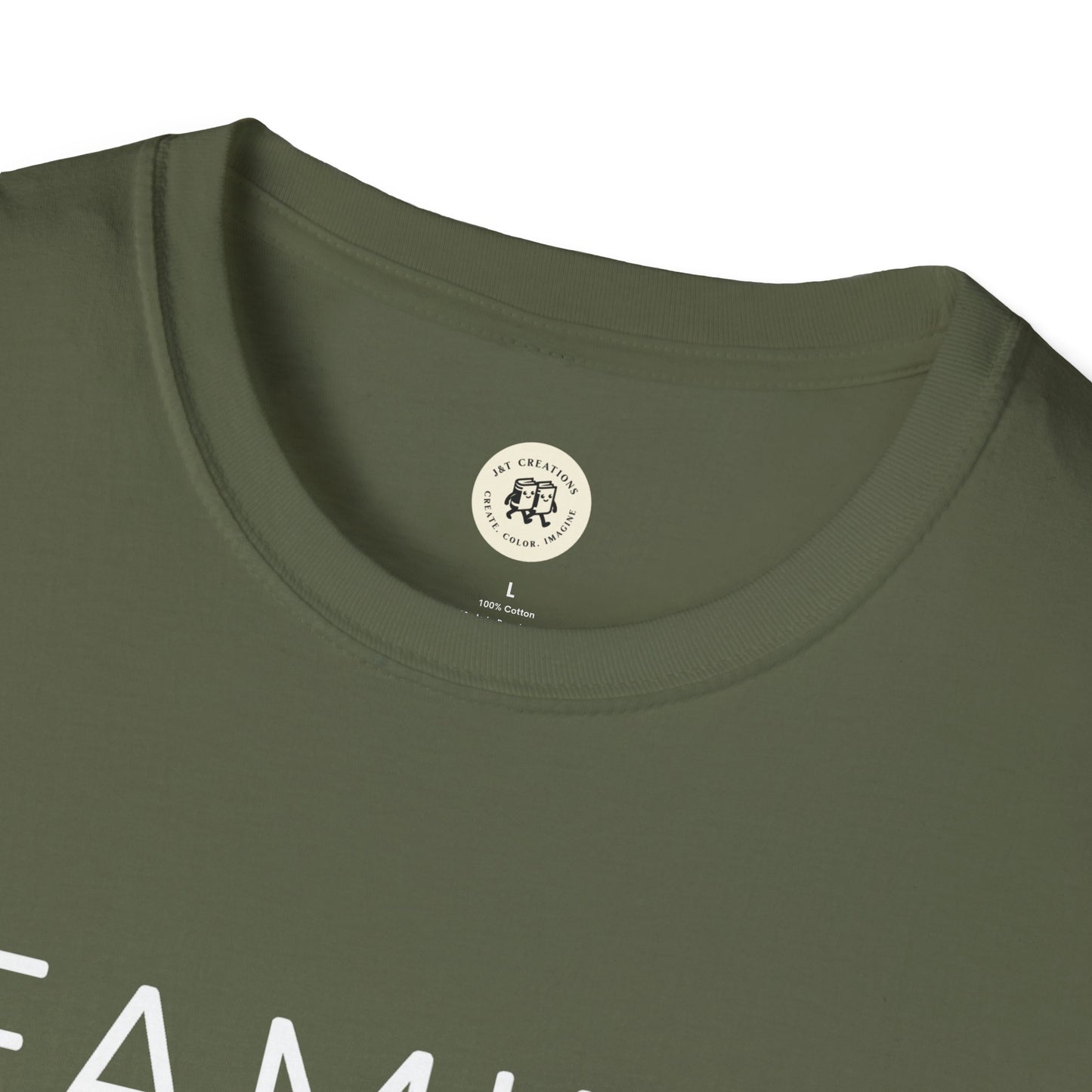 Olive green Printify family reunion t shirt with crew neck and cotton fabric