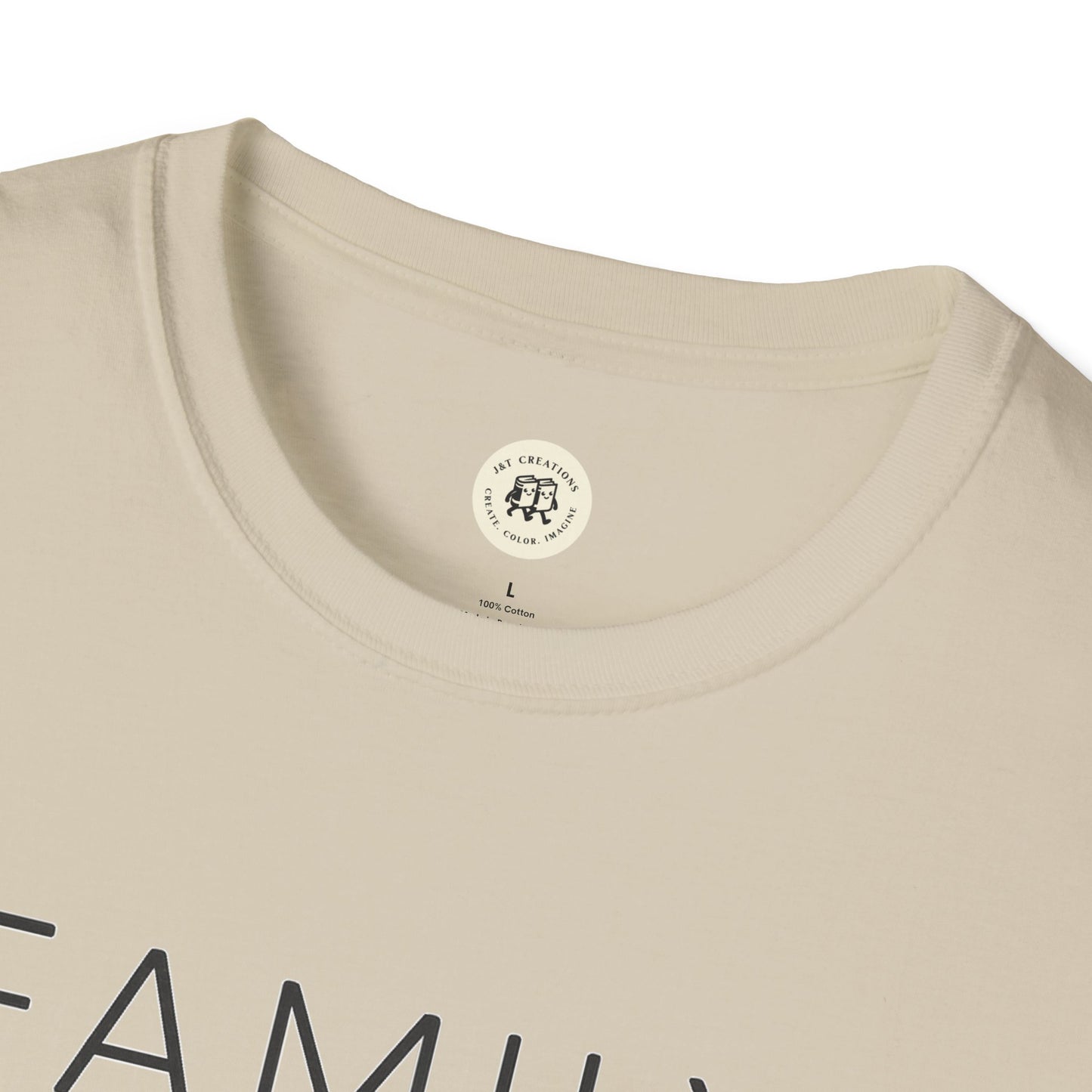 Close-up of Printify beige family reunion t-shirt for mom with round neckline and soft fabric