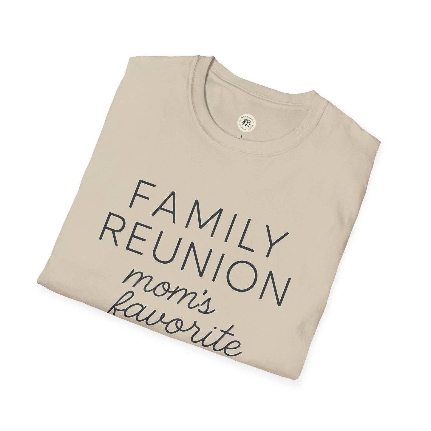 Beige Printify family reunion t-shirt for mom with bold black text design folded flat