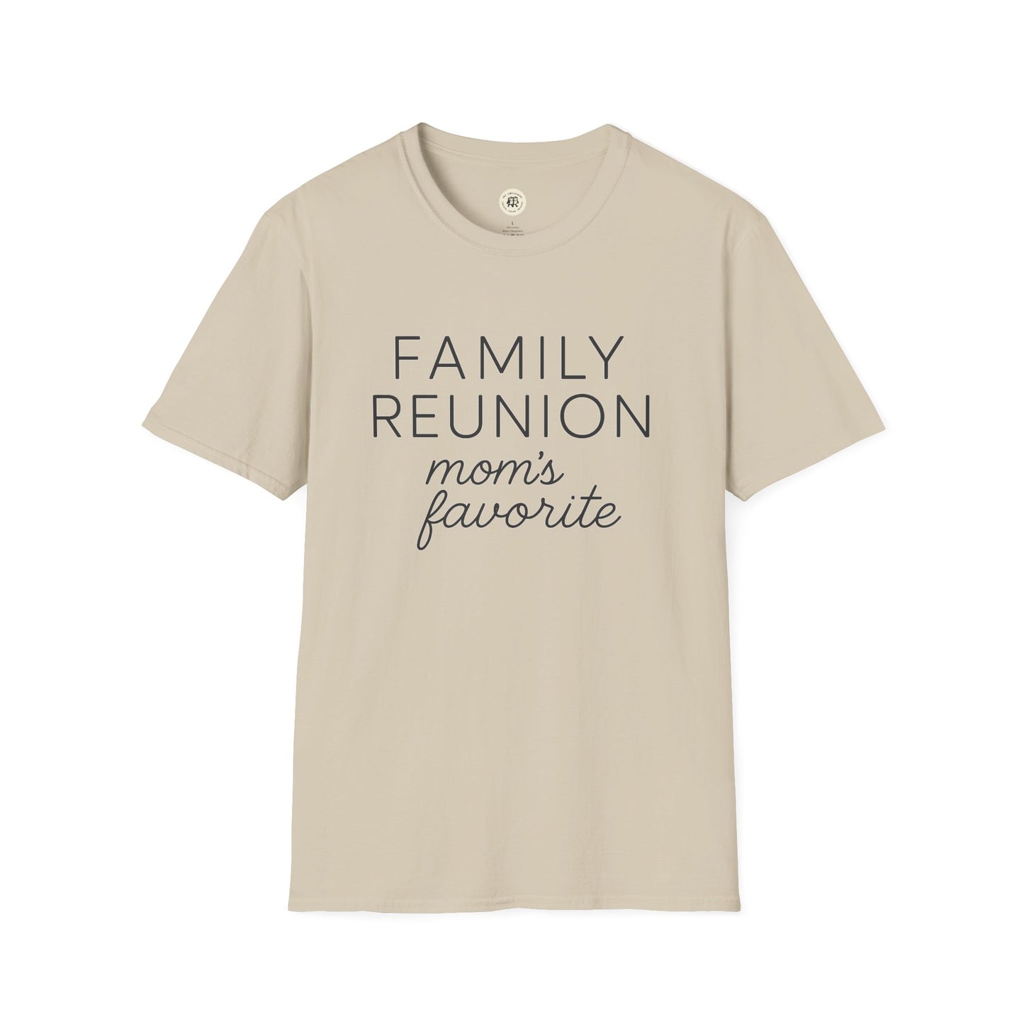 Printify beige family reunion t-shirt for mom with moms favorite text in black