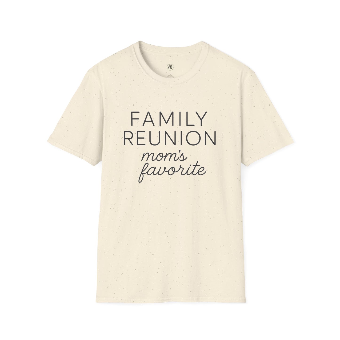Printify beige family reunion t-shirt for mom with black text reading family reunion moms favorite