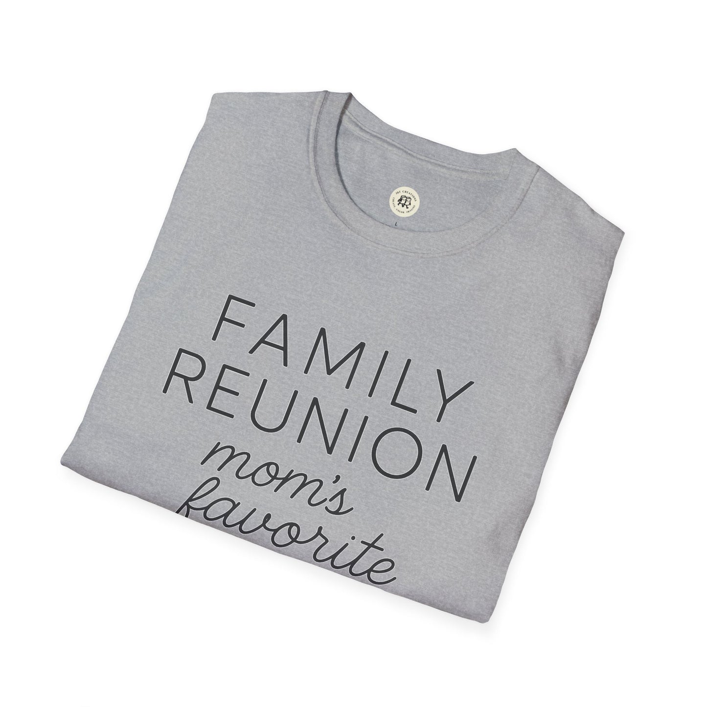 Gray Printify family reunion t-shirt for mom with black text folded on white background