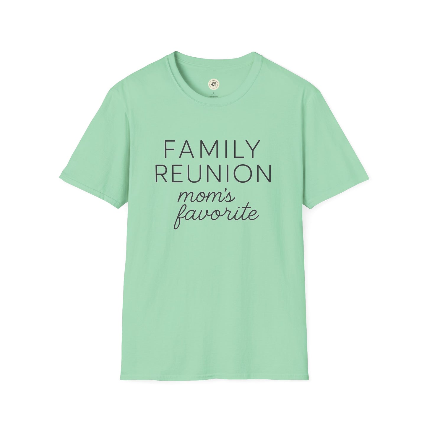 Mint green family reunion t-shirt for mom with black text moms favorite by Printify
