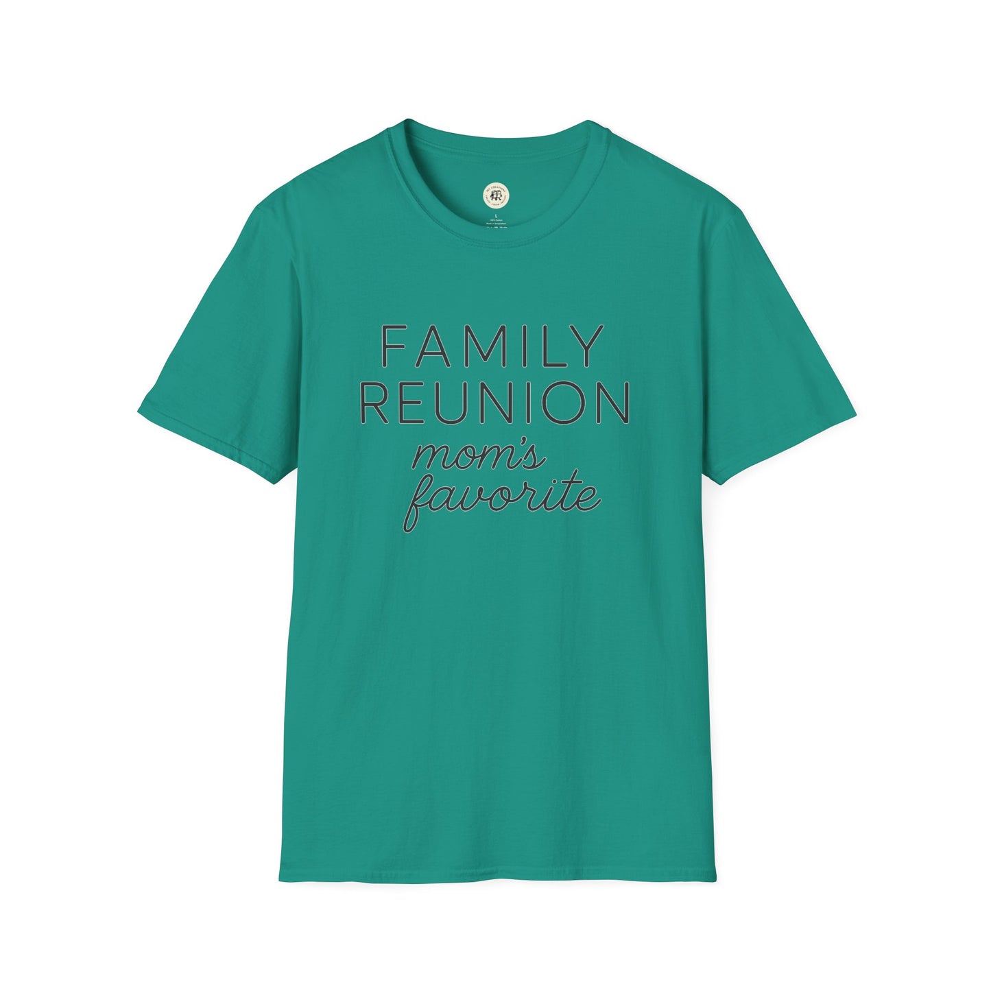 Printify family reunion t-shirt for mom in teal with mom's favorite text design
