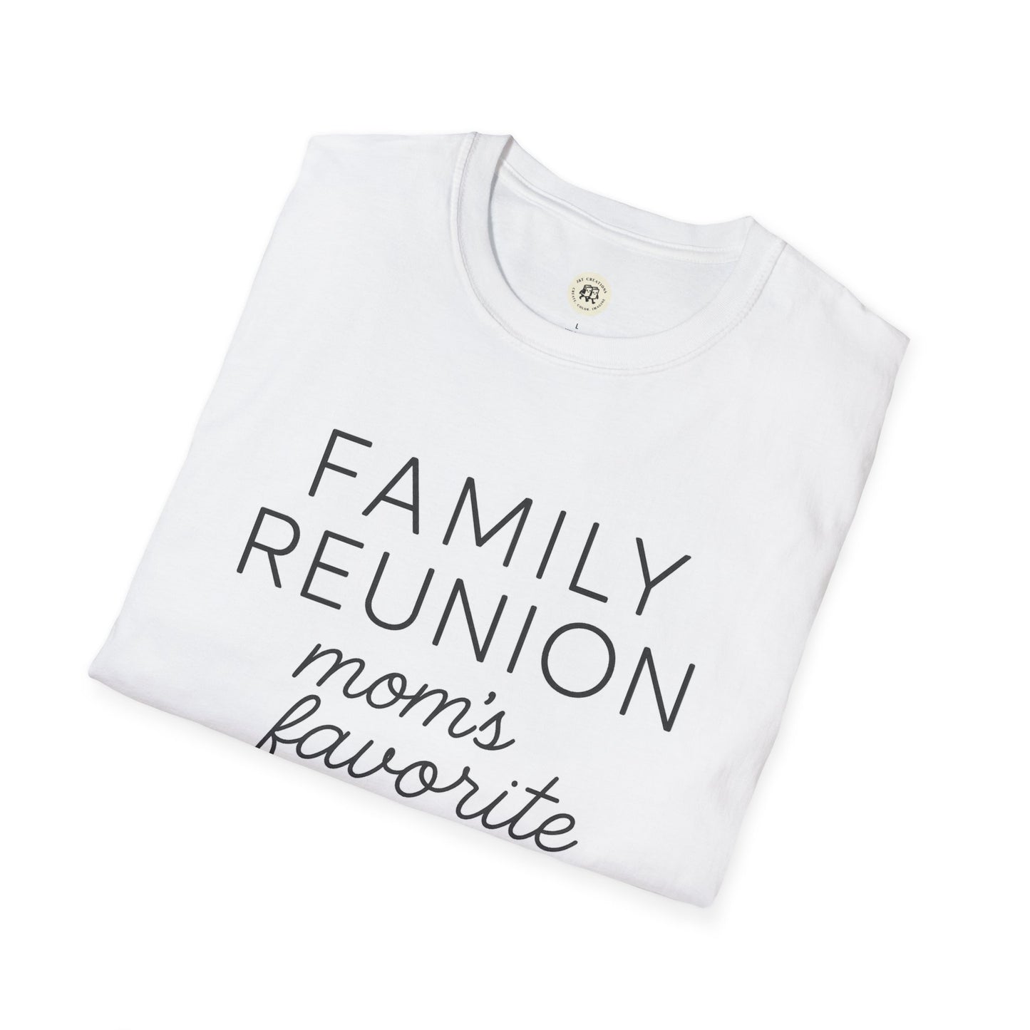 White family reunion t-shirt for mom with black text folded flat from Printify