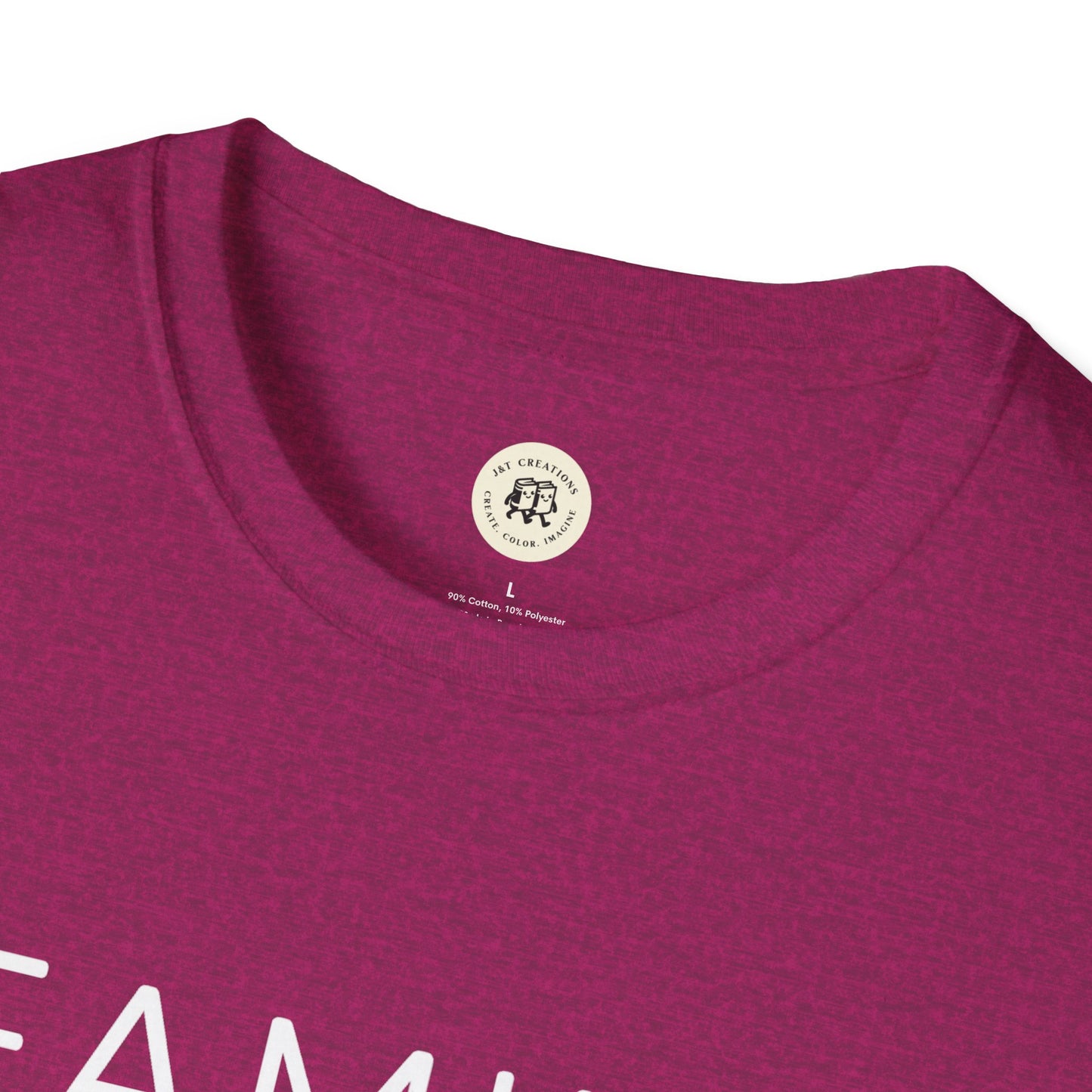 Close-up of maroon Printify family reunion t shirt neckline with printed label inside