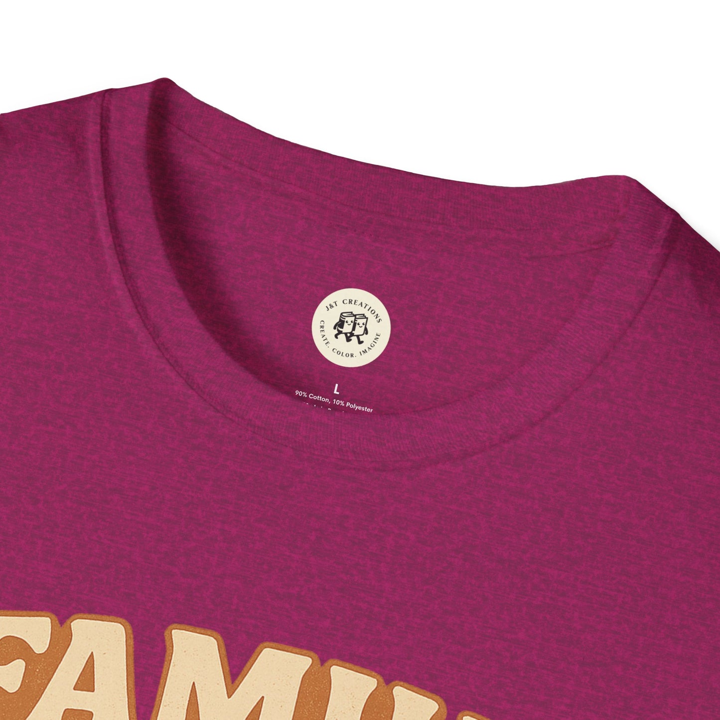 Close-up of a maroon Printify family reunion t-shirt showing neckline and part of the printed design
