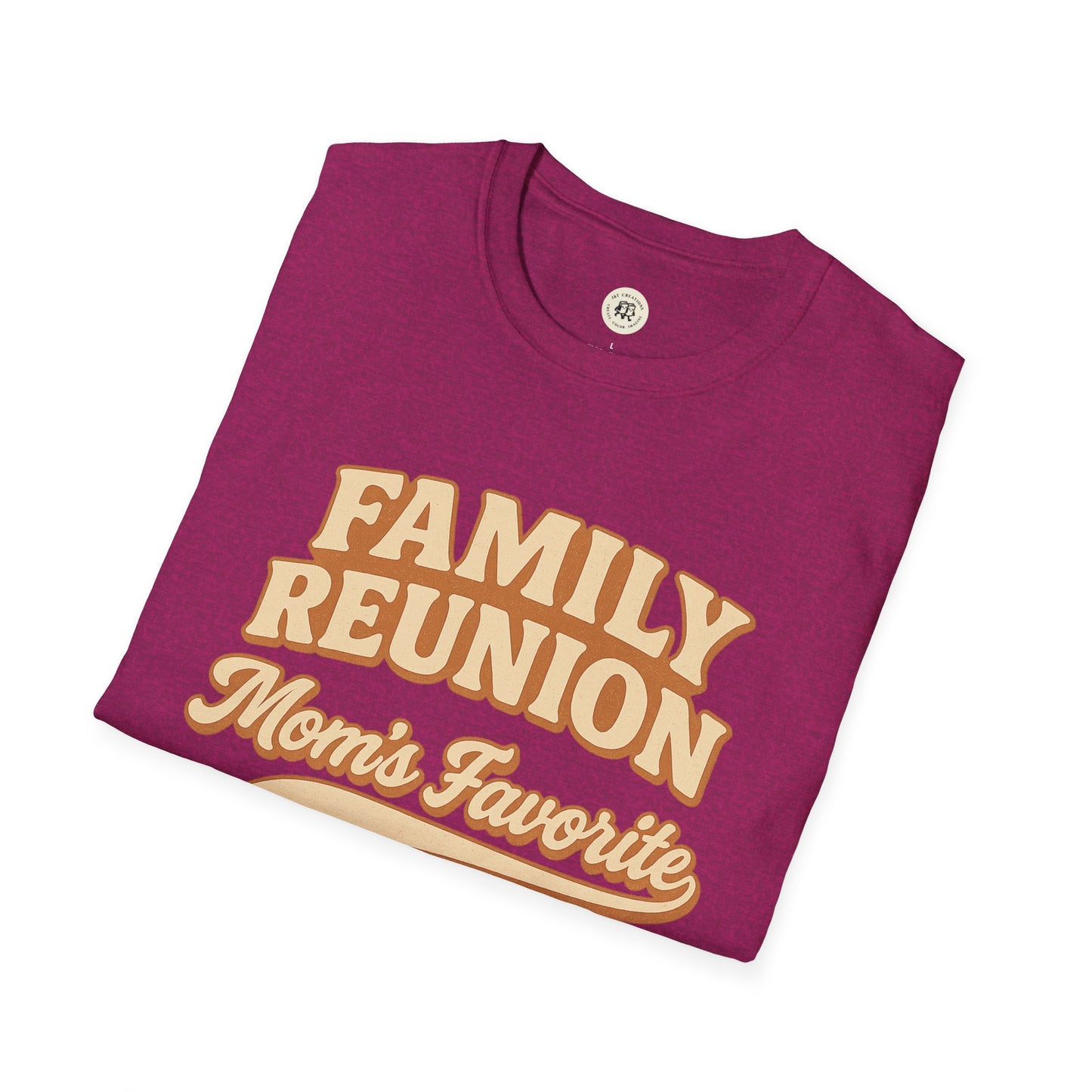 Printify maroon family reunion t-shirt with Mom's Favorite text in tan and cream colors