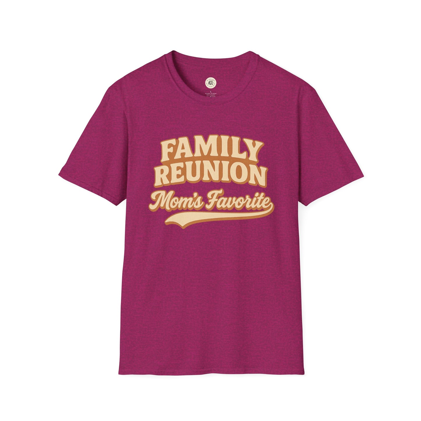 Printify family reunion t-shirt in maroon with cream text saying Mom's Favorite