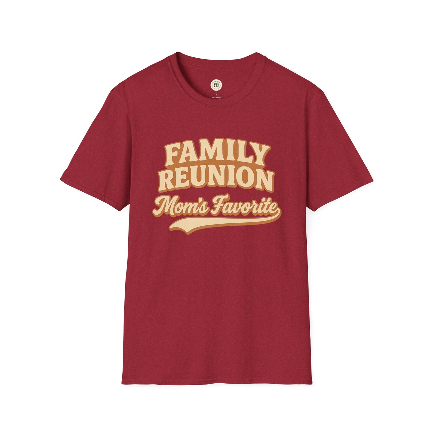 Red family reunion t-shirt with beige text saying Mom's Favorite from Printify