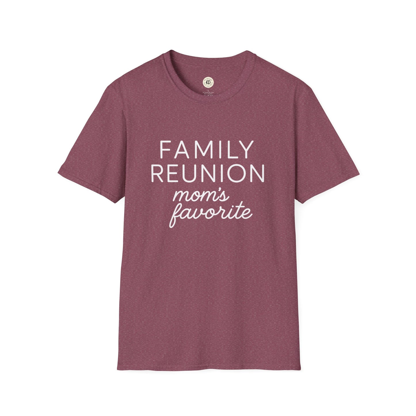 Maroon family reunion t shirt with white text saying moms favorite from Printify