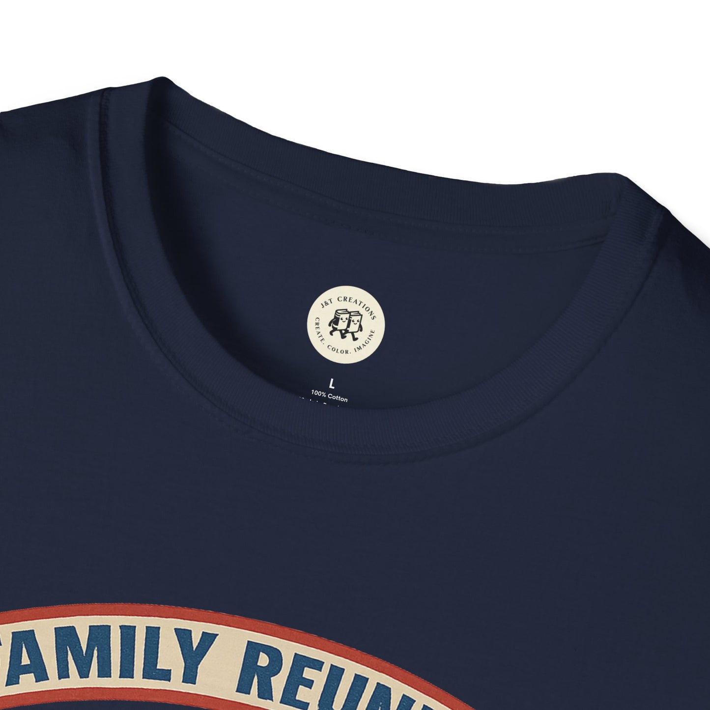Close-up of Printify navy blue family reunion t shirt with round neckline and printed design