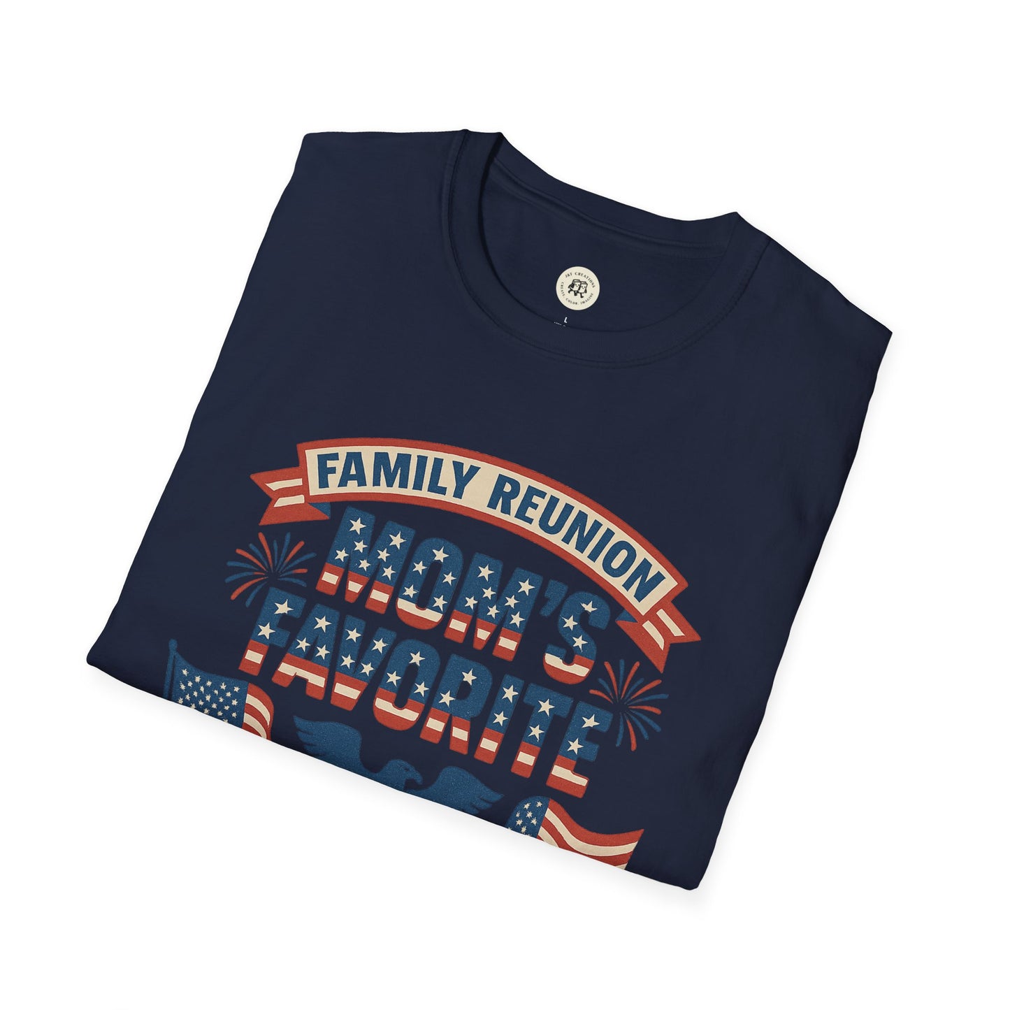 Navy blue Printify family reunion t shirt with patriotic Mom's favorite design and American flag elements
