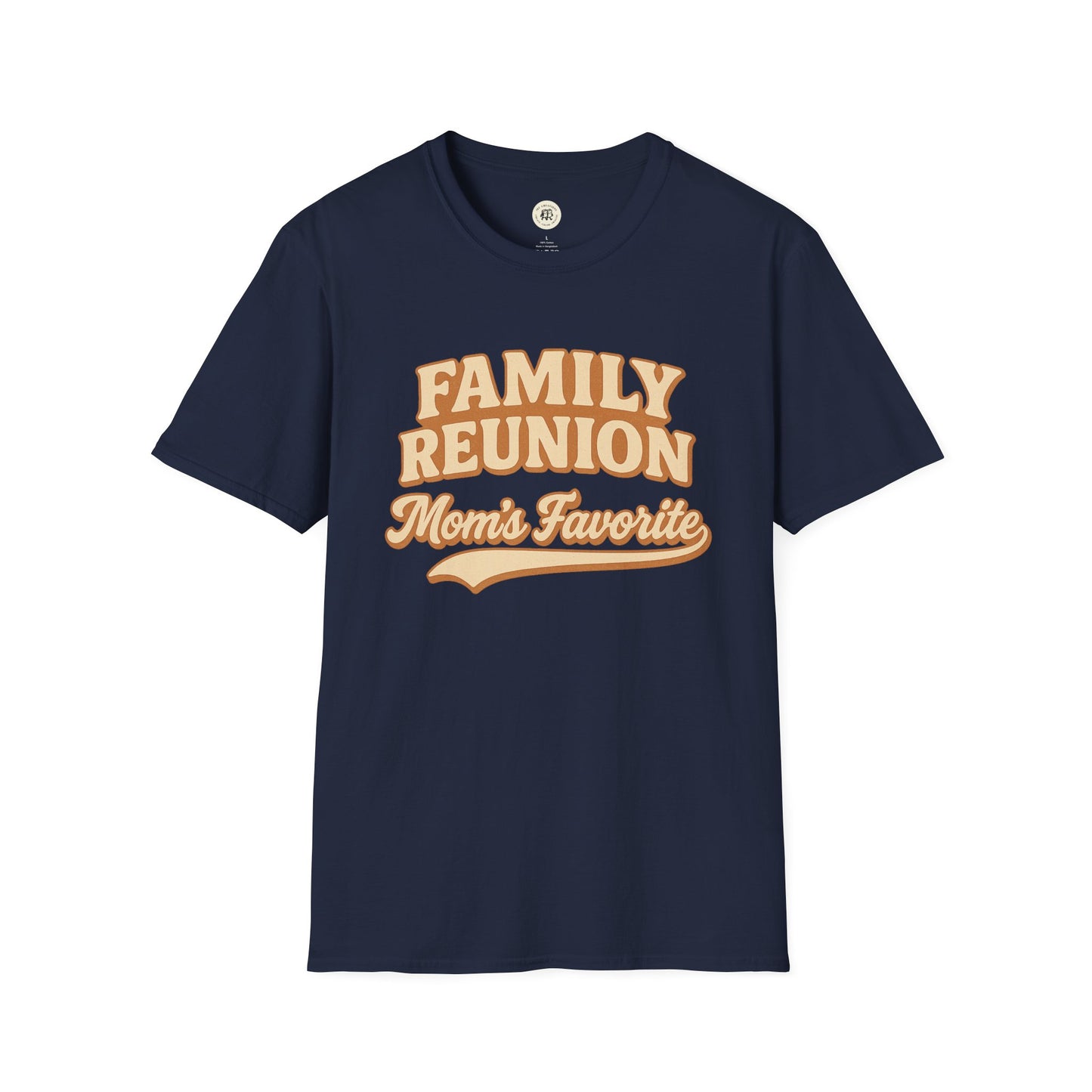 Navy blue family reunion t-shirt with vintage style beige text reading Mom's Favorite
