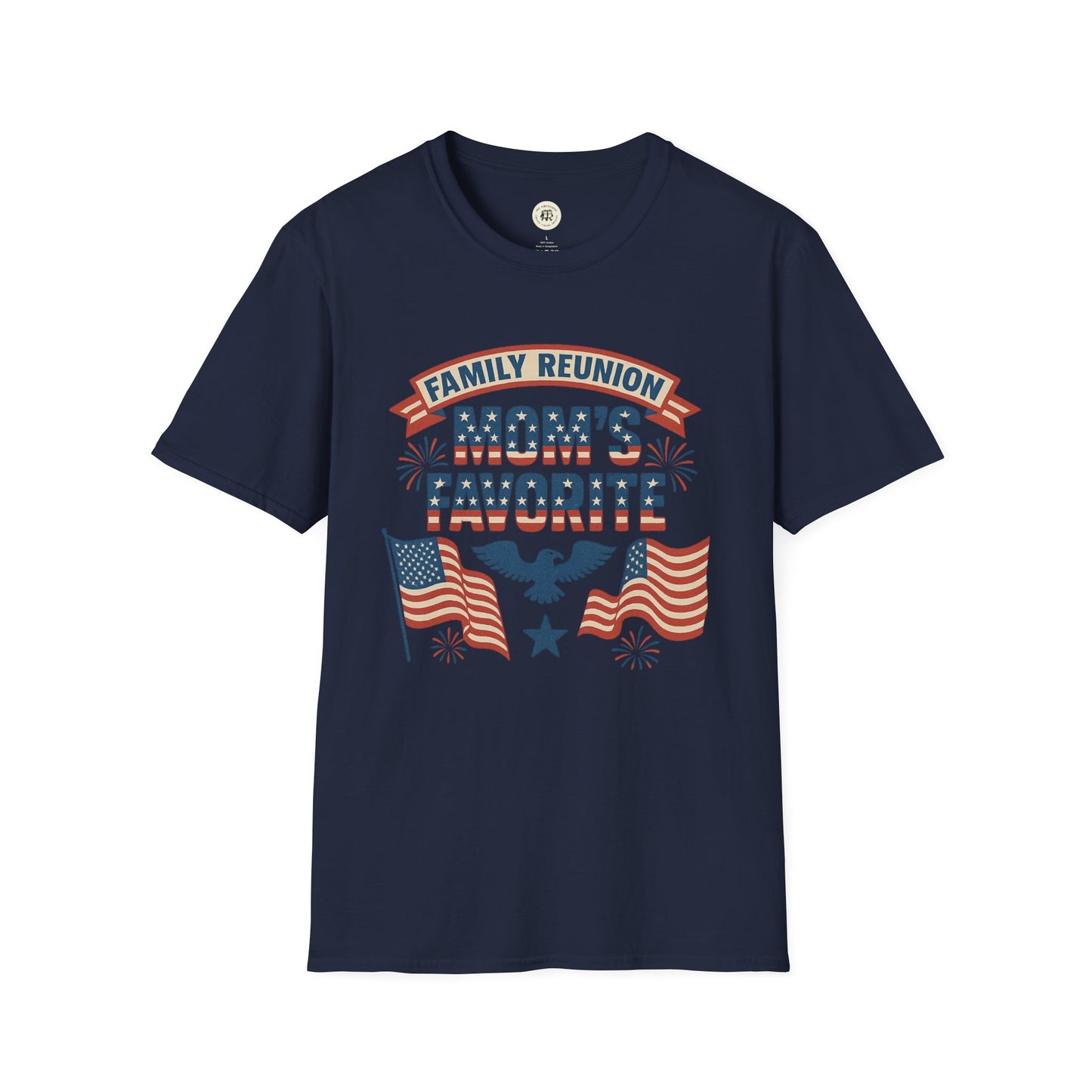 Navy Printify family reunion t shirt with American flags and patriotic Mom's Favorite design