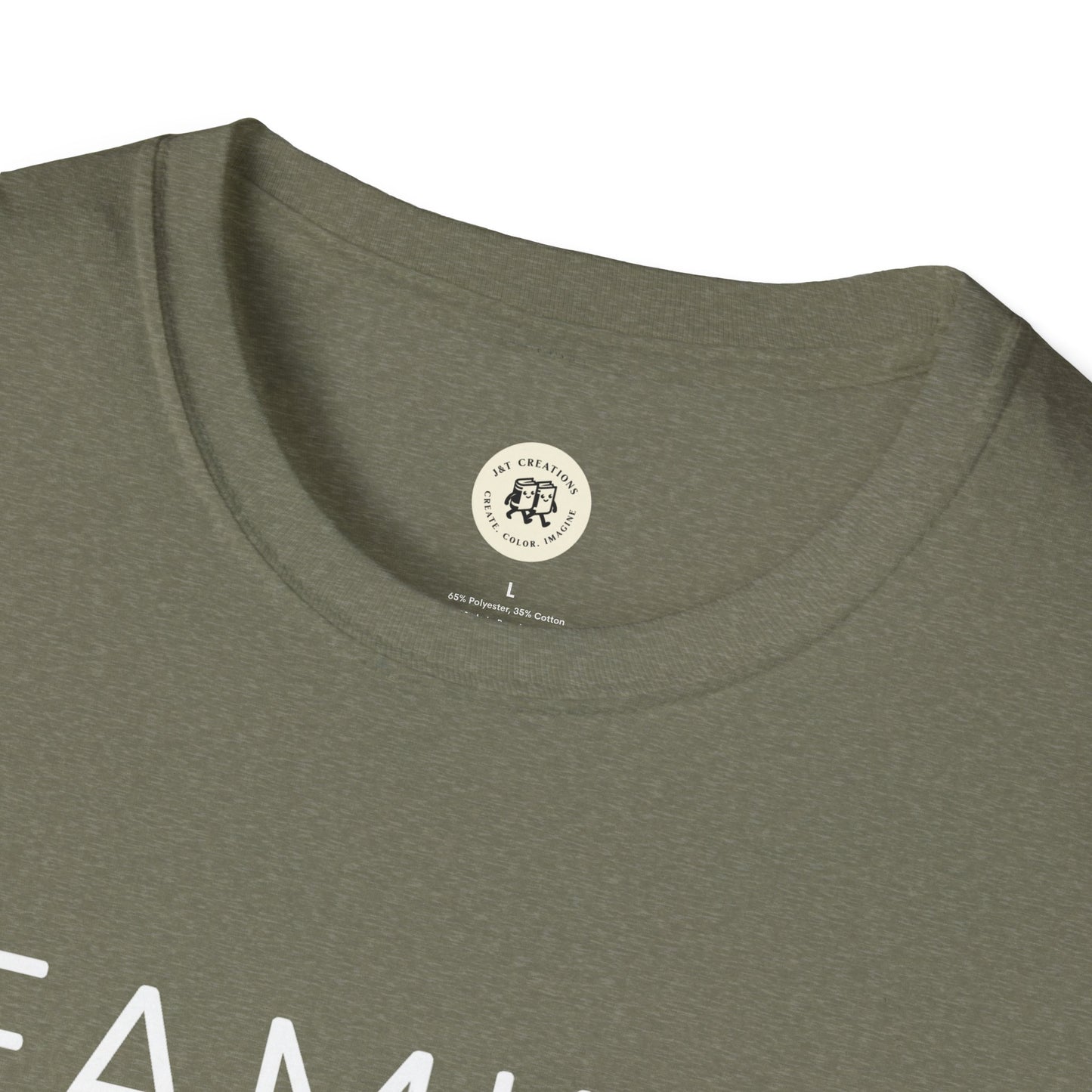 Printify olive green family reunion t shirt with crew neck and soft fabric close-up