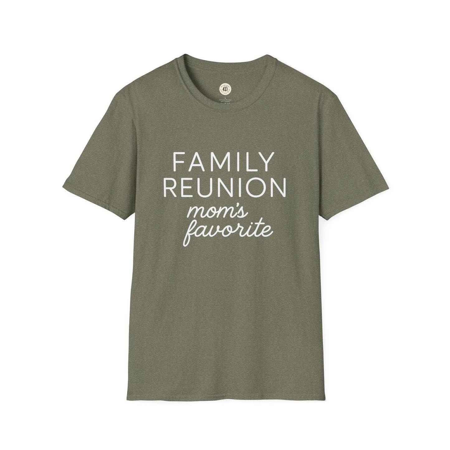 Printify olive green family reunion t shirt with mom's favorite text in white