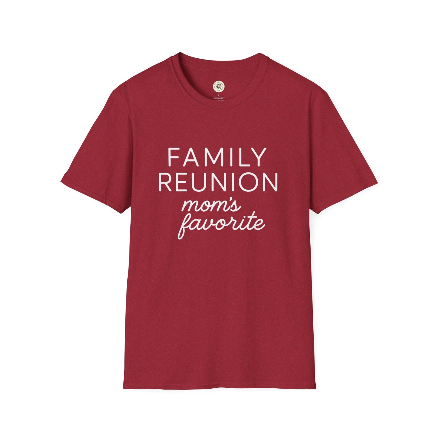 Printify maroon family reunion t shirt with white text moms favorite in bold and script font