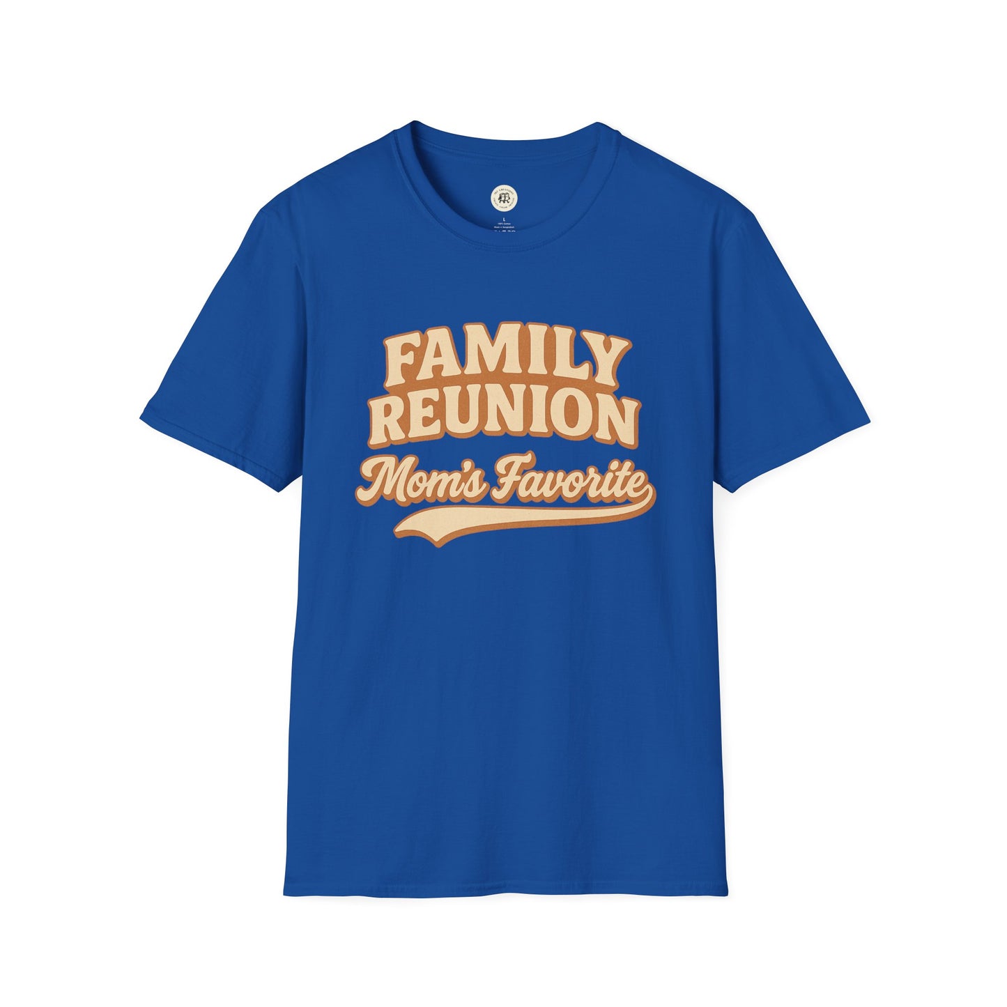 Printify blue family reunion t-shirt with Mom's Favorite text in beige for family gatherings