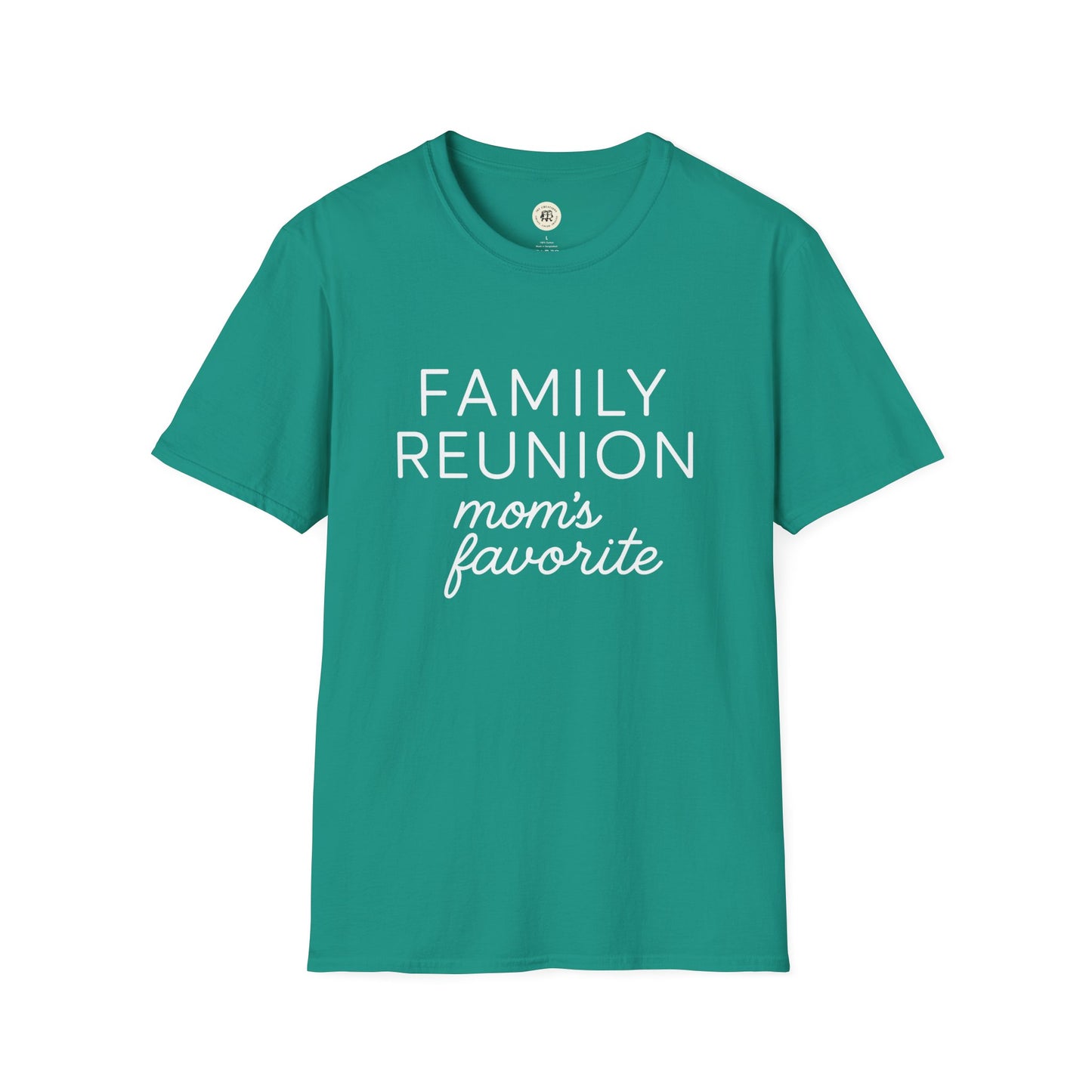 Teal family reunion t shirt with white text moms favorite by Printify