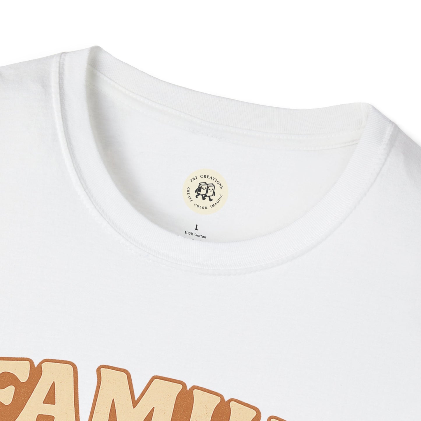 Close-up of white Printify family reunion t-shirt with crew neck and partial text design