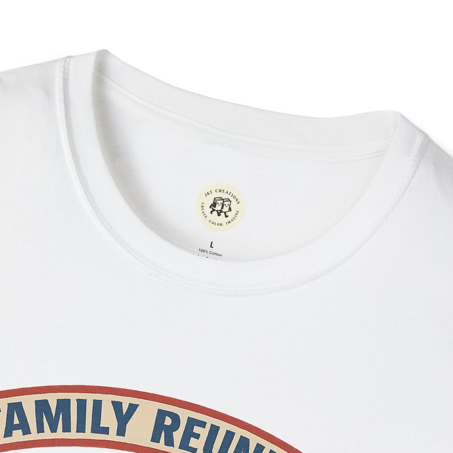 White Printify family reunion t shirt with round neck and printed design
