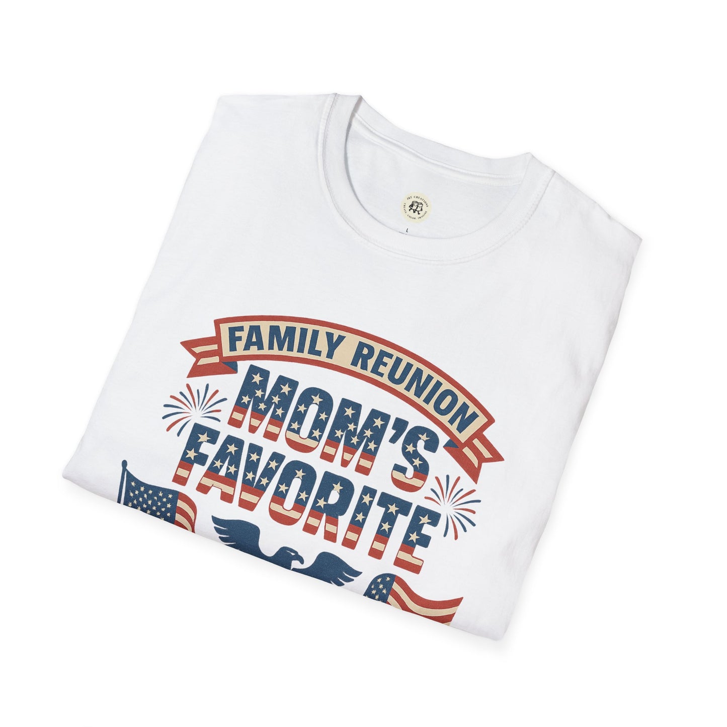 White Printify family reunion t shirt with Mom's Favorite patriotic design and eagle graphic