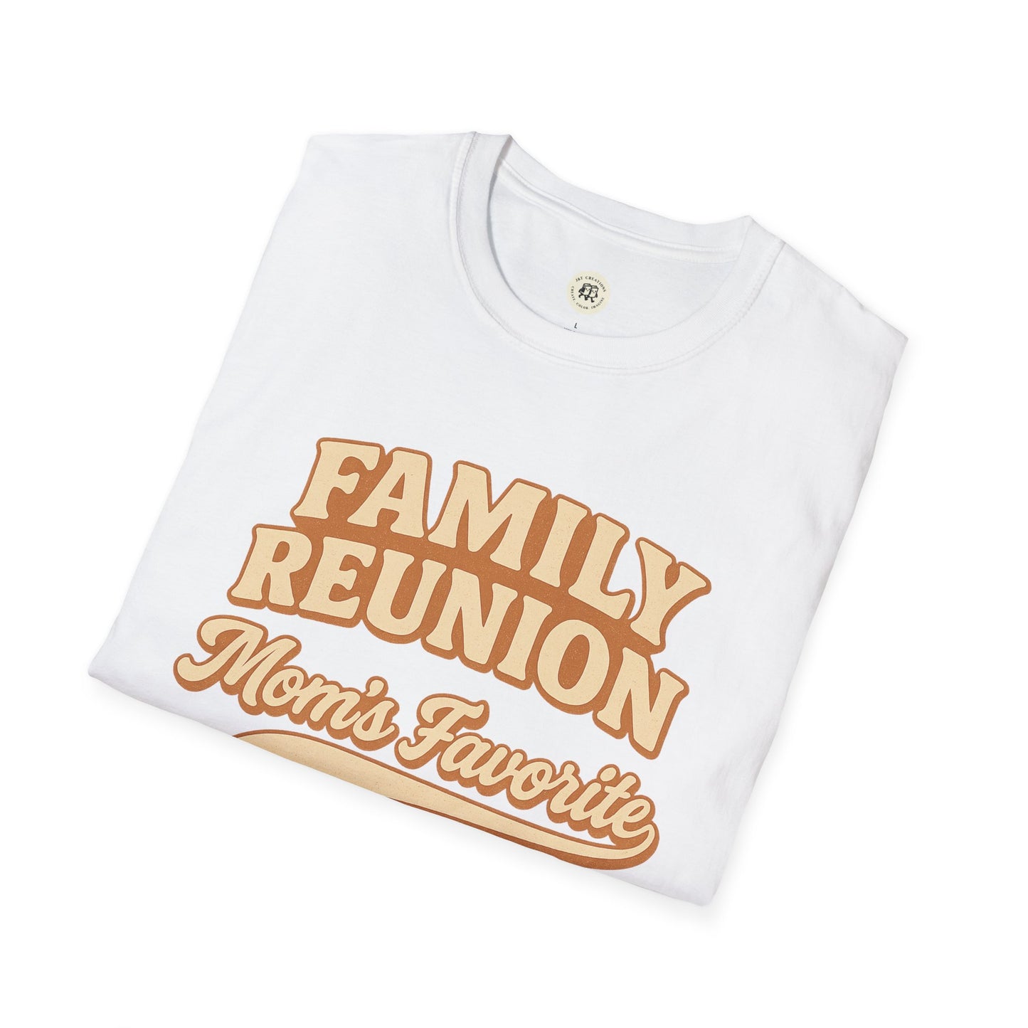 White family reunion t-shirt from Printify with brown text saying Momβs Favorite