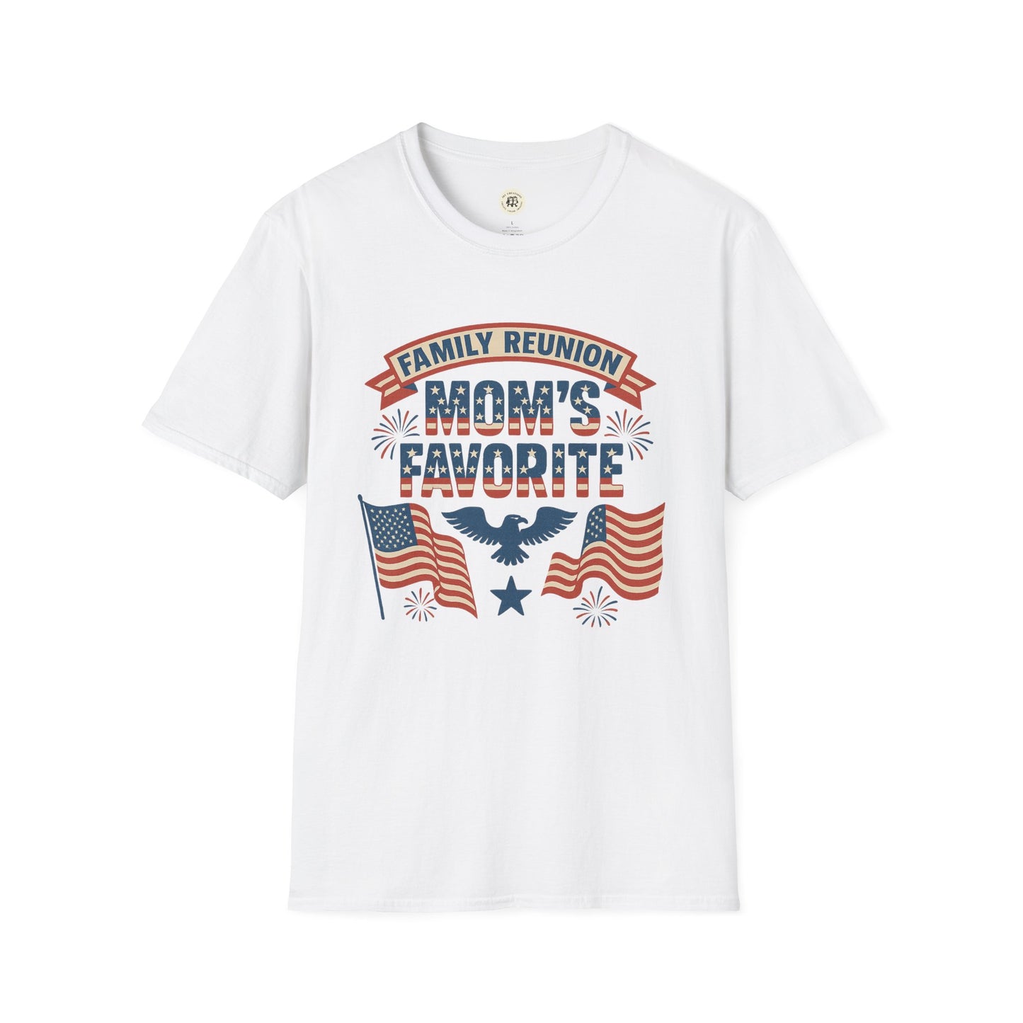 White Printify family reunion t shirt with Mom's Favorite patriotic design and American flags