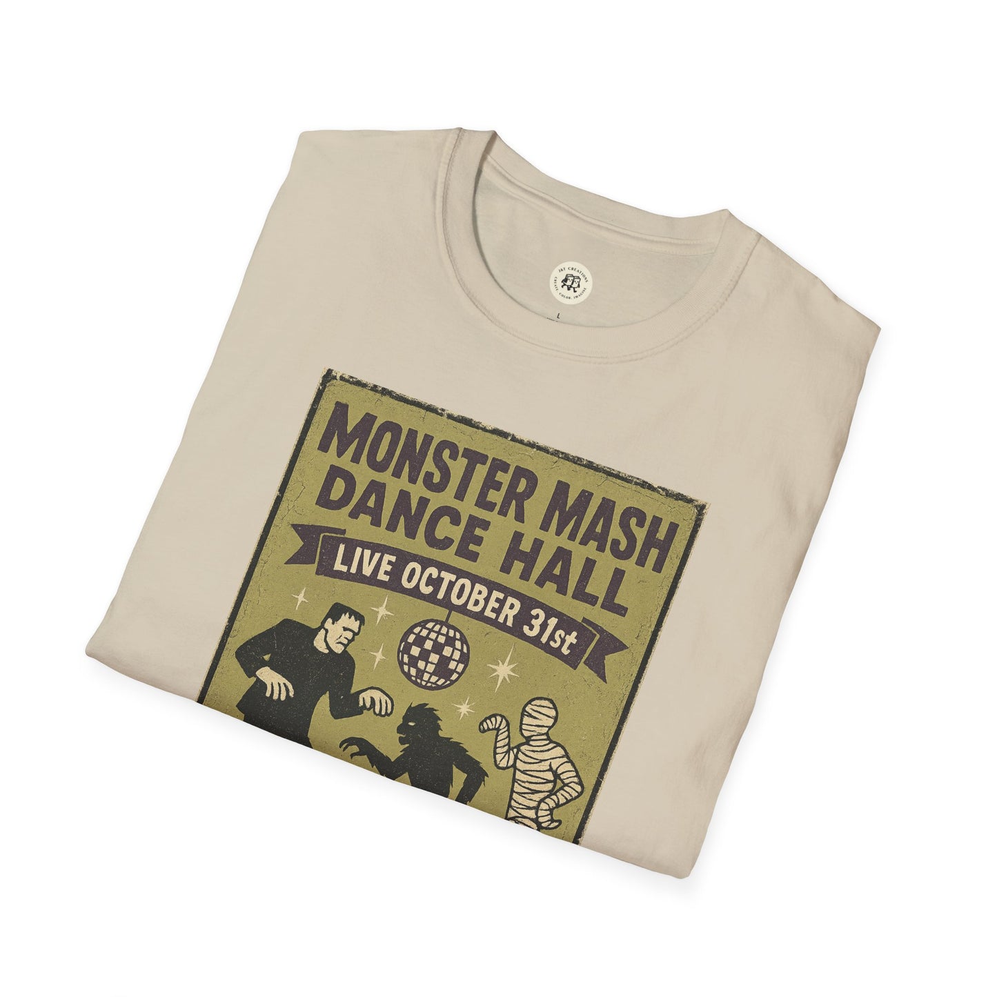 Printify vintage Halloween t-shirt featuring Monster Mash Dance Hall Halloween-themed graphic design