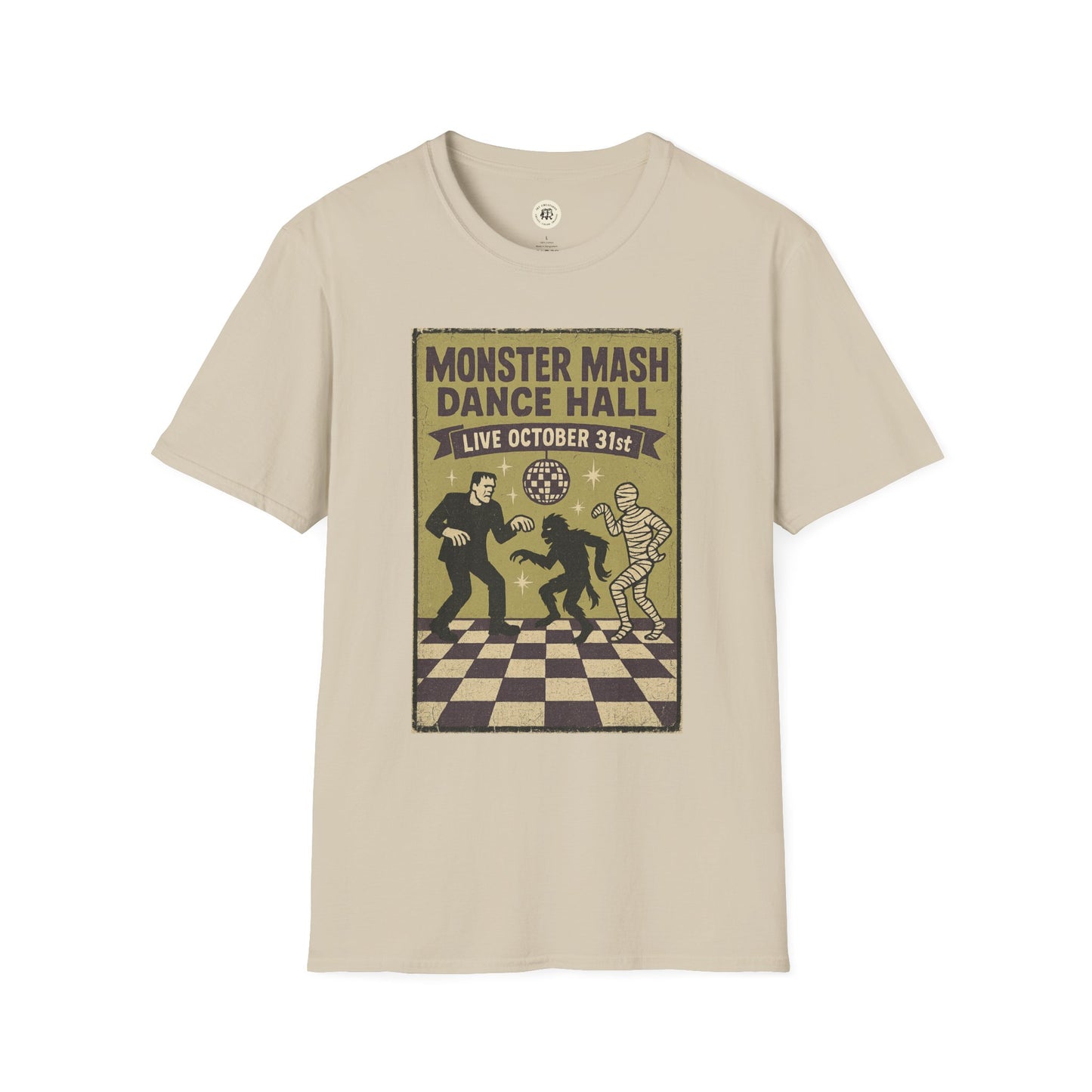 Printify beige vintage Halloween t-shirt featuring Monster Mash Dance Hall graphic with dancing monsters